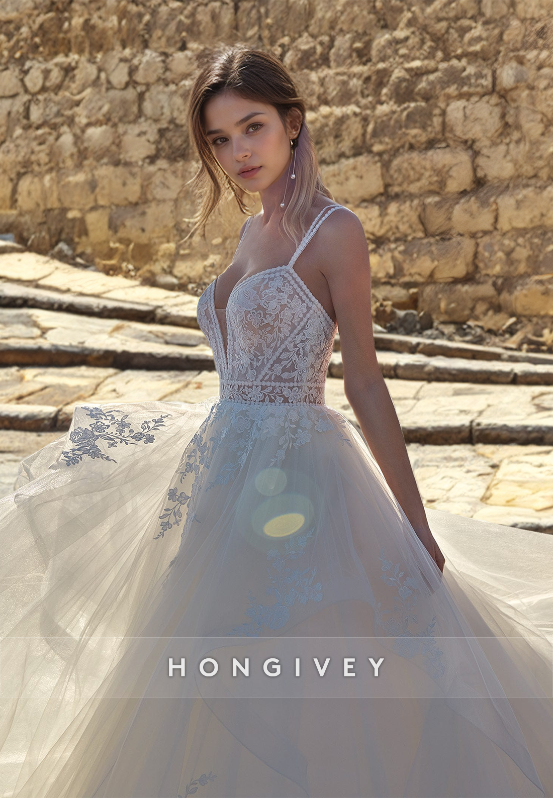 H0913 - Sheer Floral Lace Embroidered Plunging Illusion With Train Long Wedding Dress
