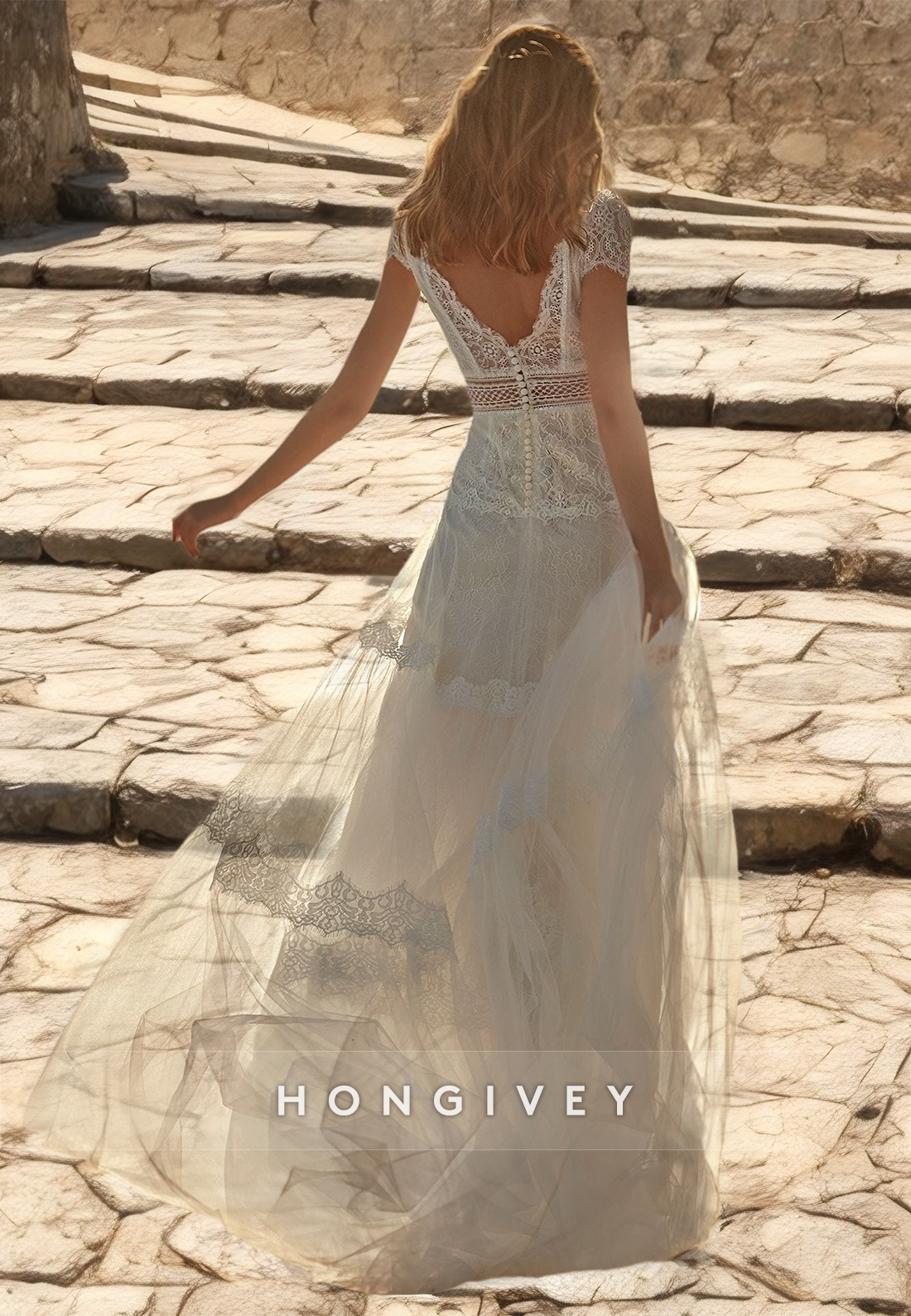 H0914 - Fully Floral Lace Tiered Illusion Cutout With Train Long Wedding Dress