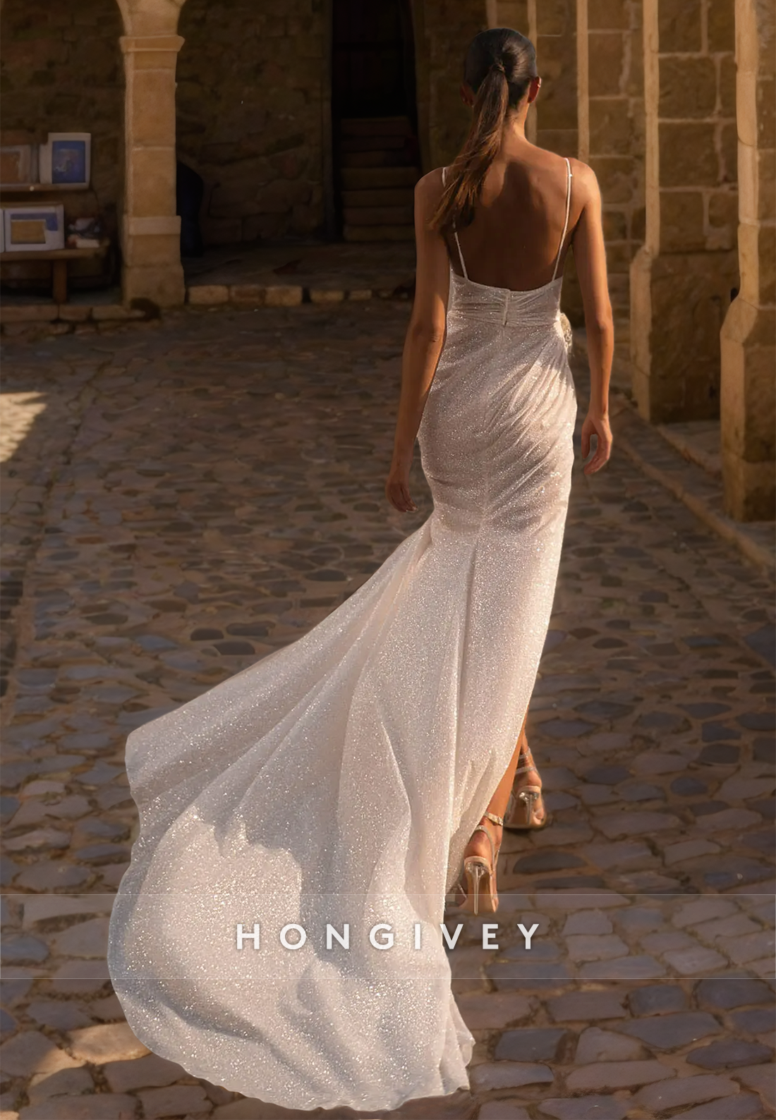 H0946 - Sparkly Illusion With Train And High Slit Long Wedding Dress