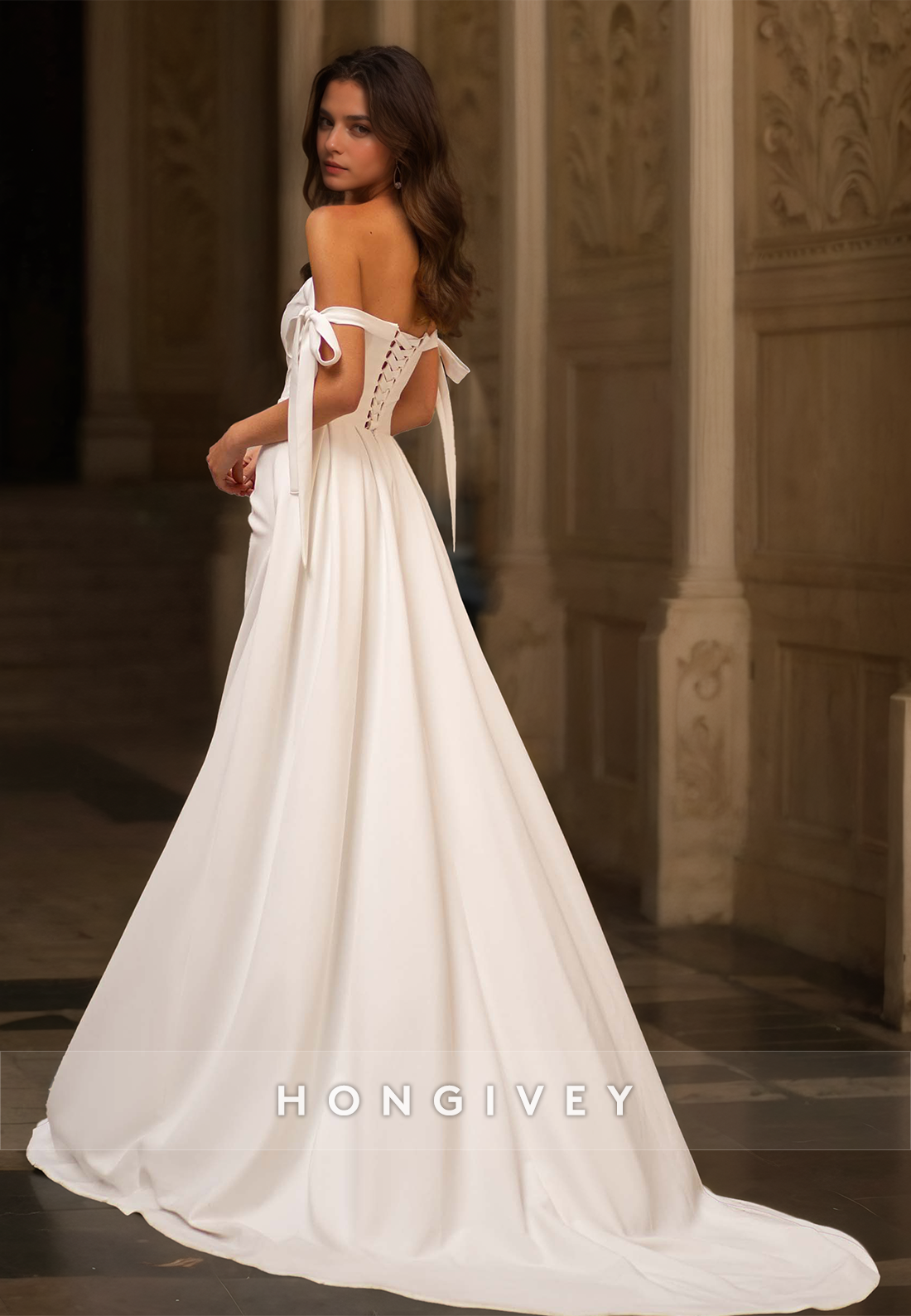 H0967 - Simple Lace-Up Back Rucheed Bow Detail With Train And Slit Long Wedding Dress