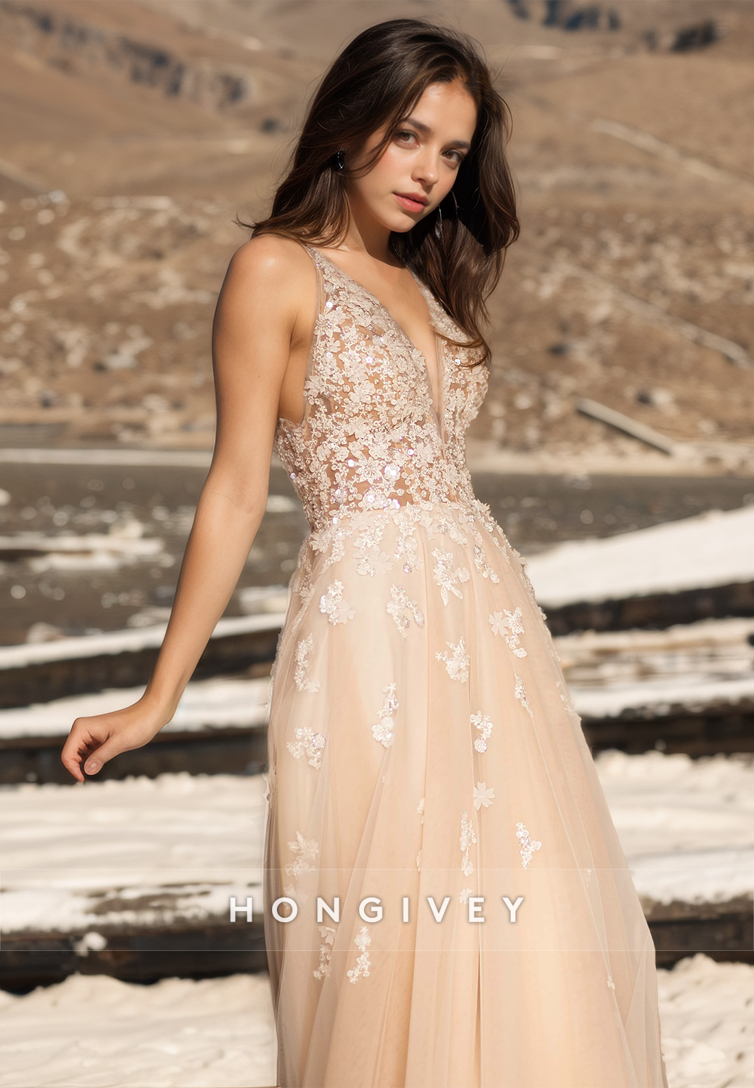 H0969 - Sparkly Illusion Floral Embossed Lace Applique V-Neck With Train Long Wedding Dress