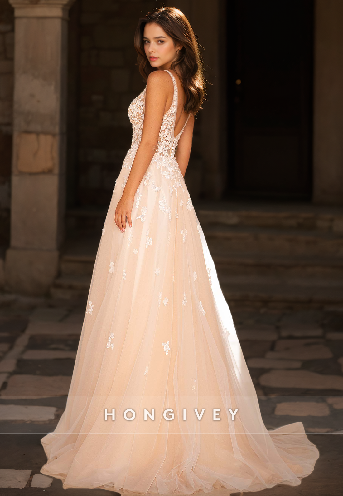 H0969 - Sparkly Illusion Floral Embossed Lace Applique V-Neck With Train Long Wedding Dress