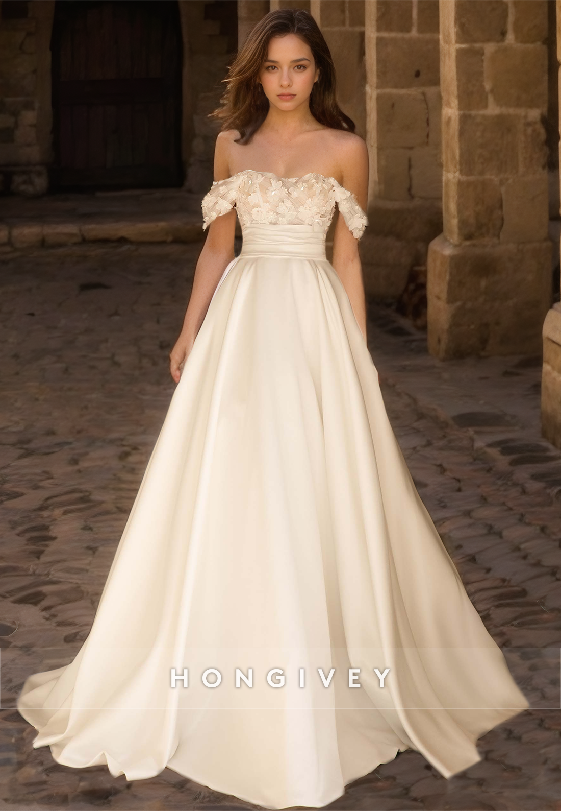H0962 - Sweet Floral Embossed Illusion Ruched Tiered With Train Long Wedding Dress