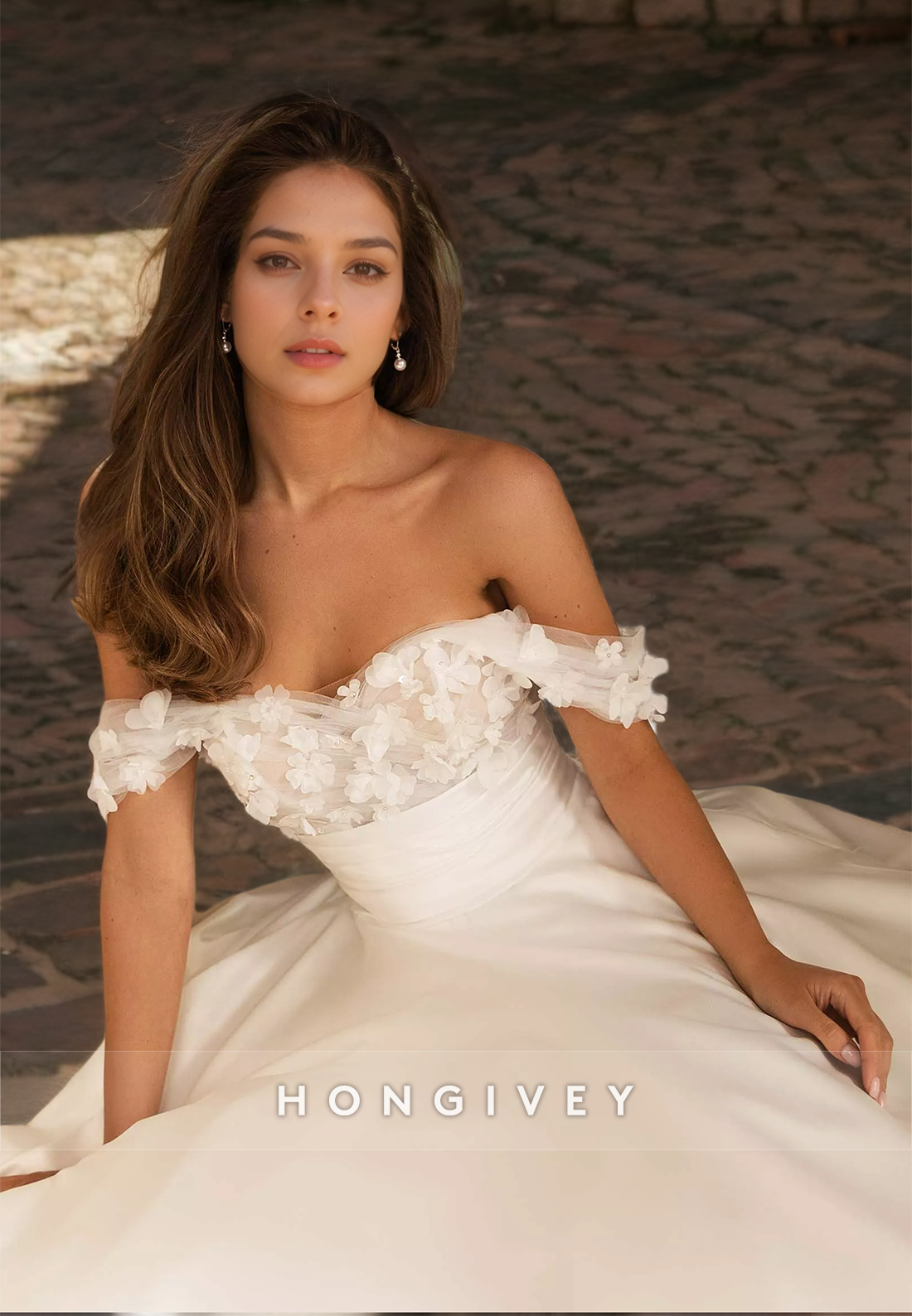 H0962 - Sweet Floral Embossed Illusion Ruched Tiered With Train Long Wedding Dress