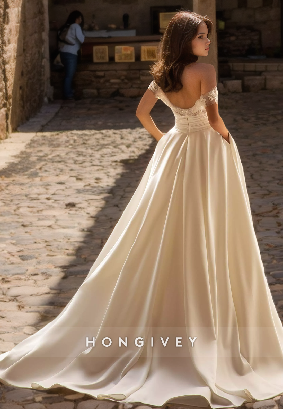 H0962 - Sweet Floral Embossed Illusion Ruched Tiered With Train Long Wedding Dress