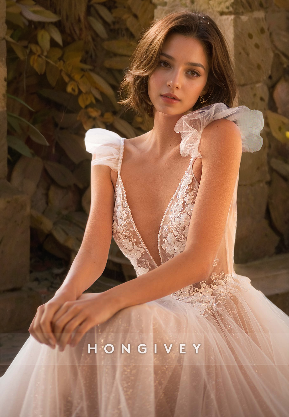 H0963 - Sparky Sheer Lace Applique Tiered Plunging Illusion With Train Long Wedding Dress