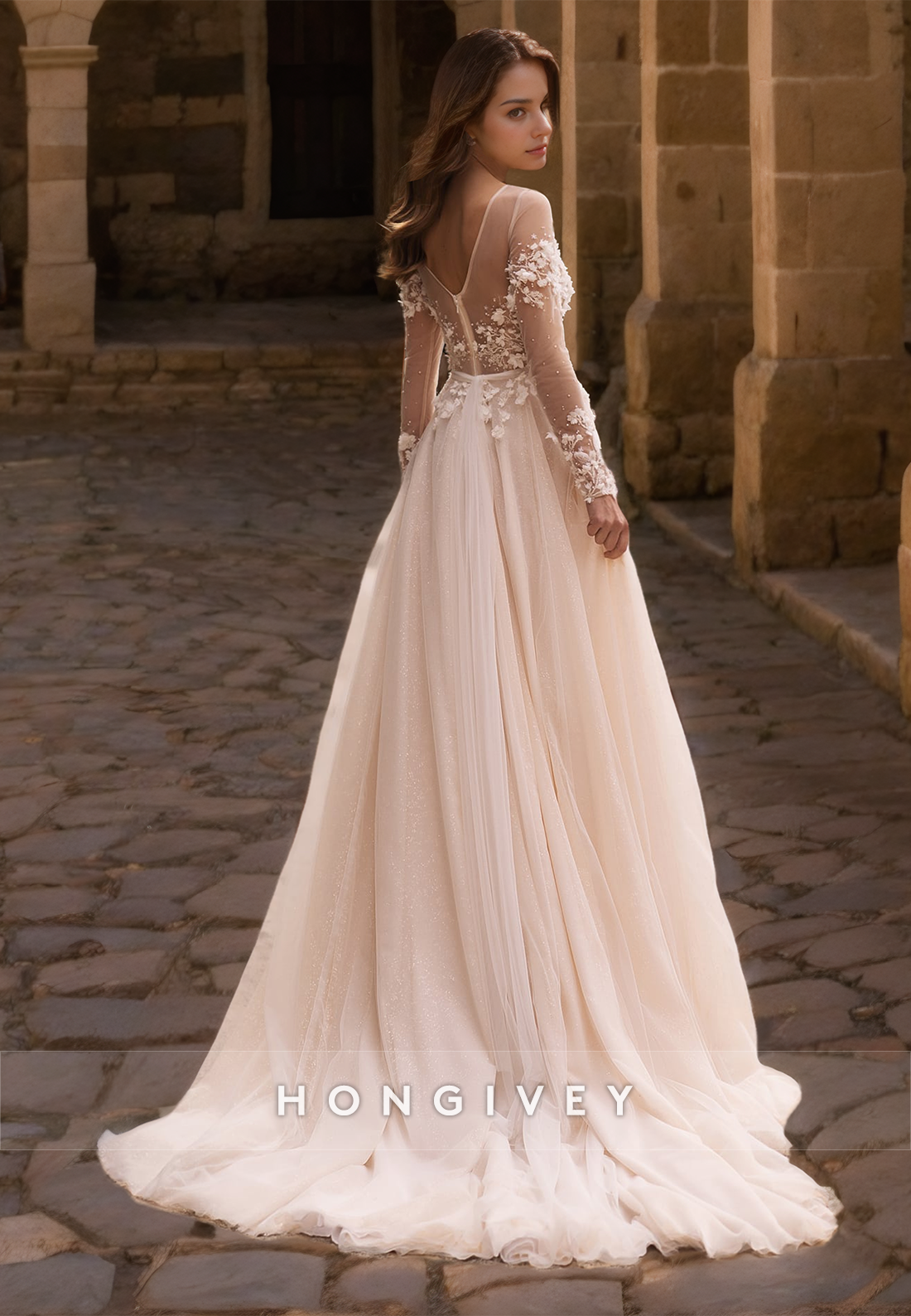 H0964 - Glitter Illusion Lace Applique Beaded Tiered Long Sleeves With Train And Slit Long Wedding Dress