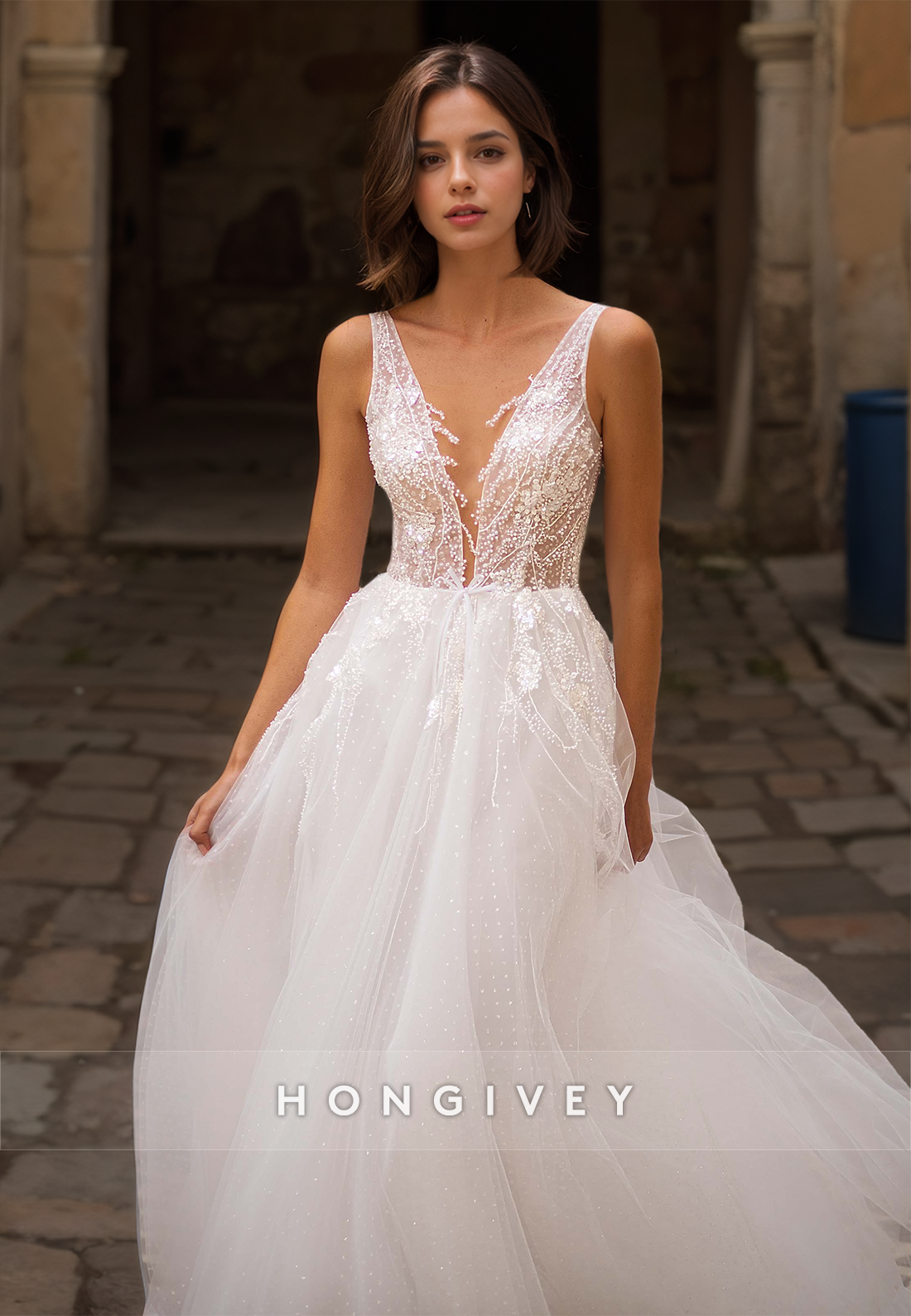 H0966 - Ornate Illusion Fully Beaded Lace Applique Tiered V-Neck With Train Long Wedding Dress