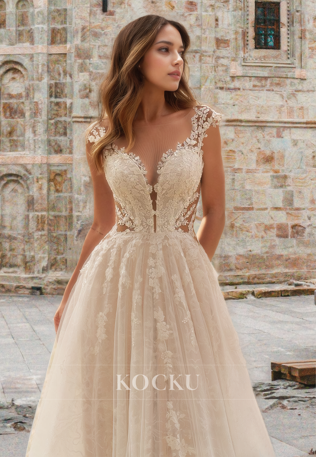 Romantic Cap Sleeves A-Line V-Neck Appliques Pleats Lace Boho Wedding Dress with Train