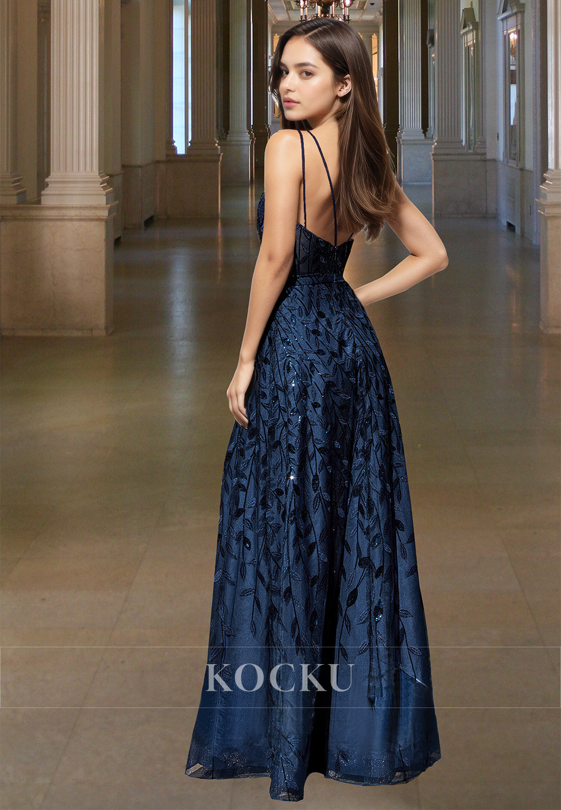 Glamorous A-Line V-Neck Straps Pleats Lace Prom Dress Evening Gowns with Appliques