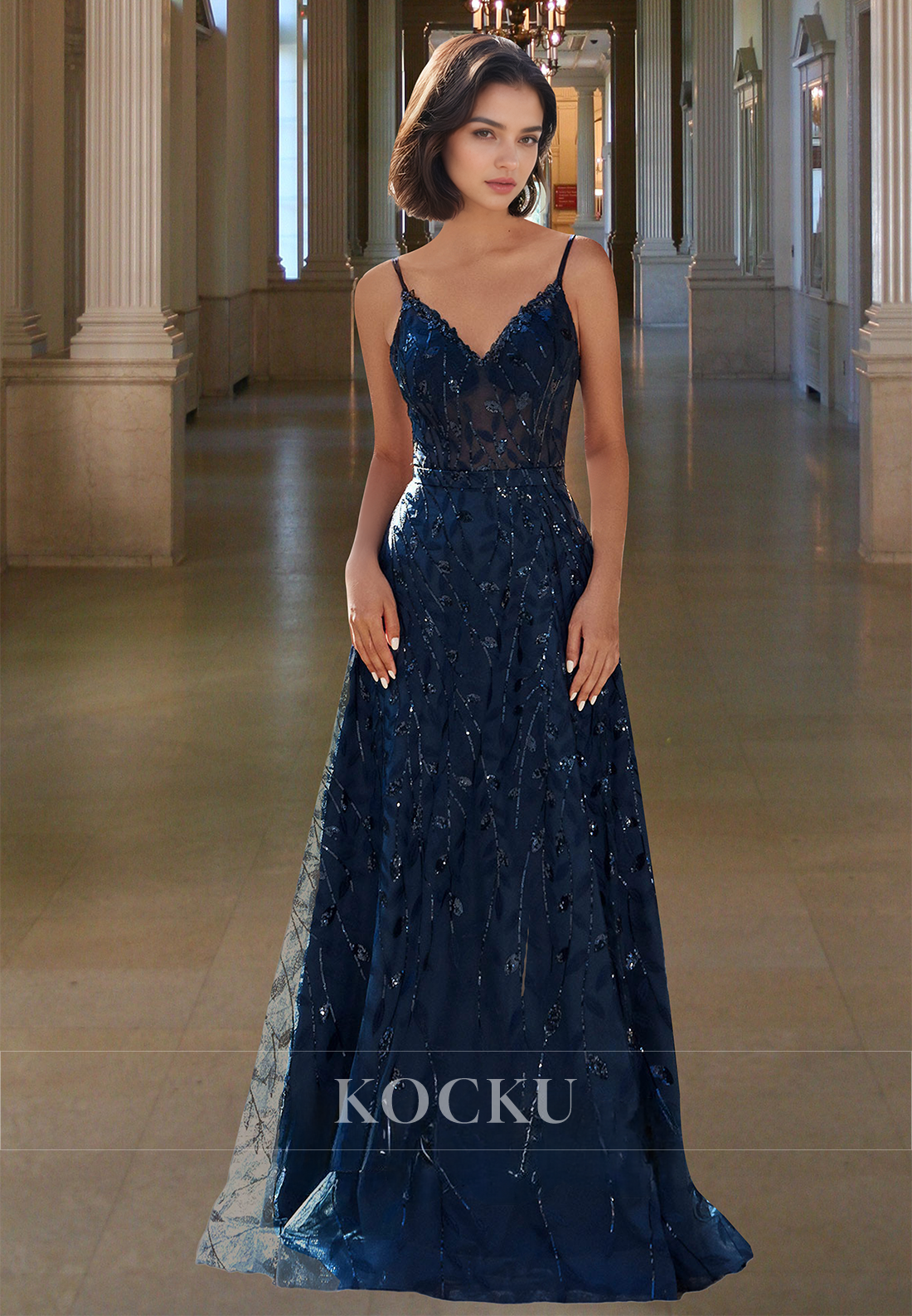 Glamorous A-Line V-Neck Straps Pleats Lace Prom Dress Evening Gowns with Appliques