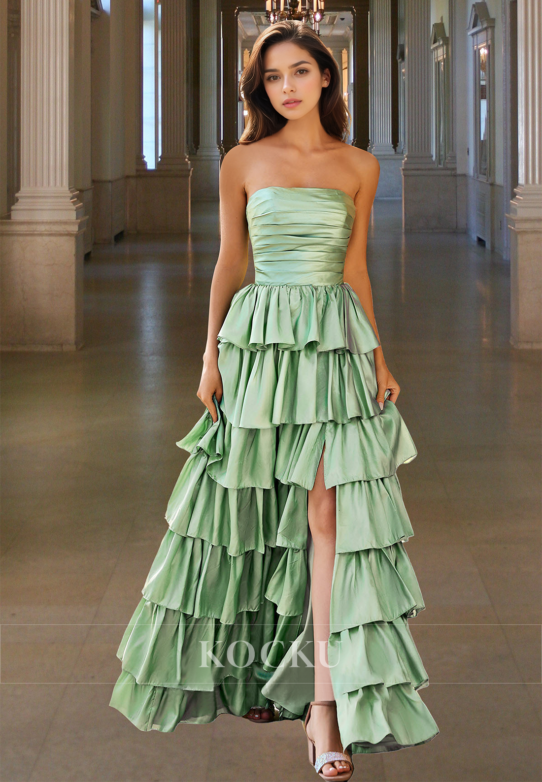 Tube Top A-Line Sleeveless Tiered Ball Gowns with Side Slit Long Satin Prom Party Dress