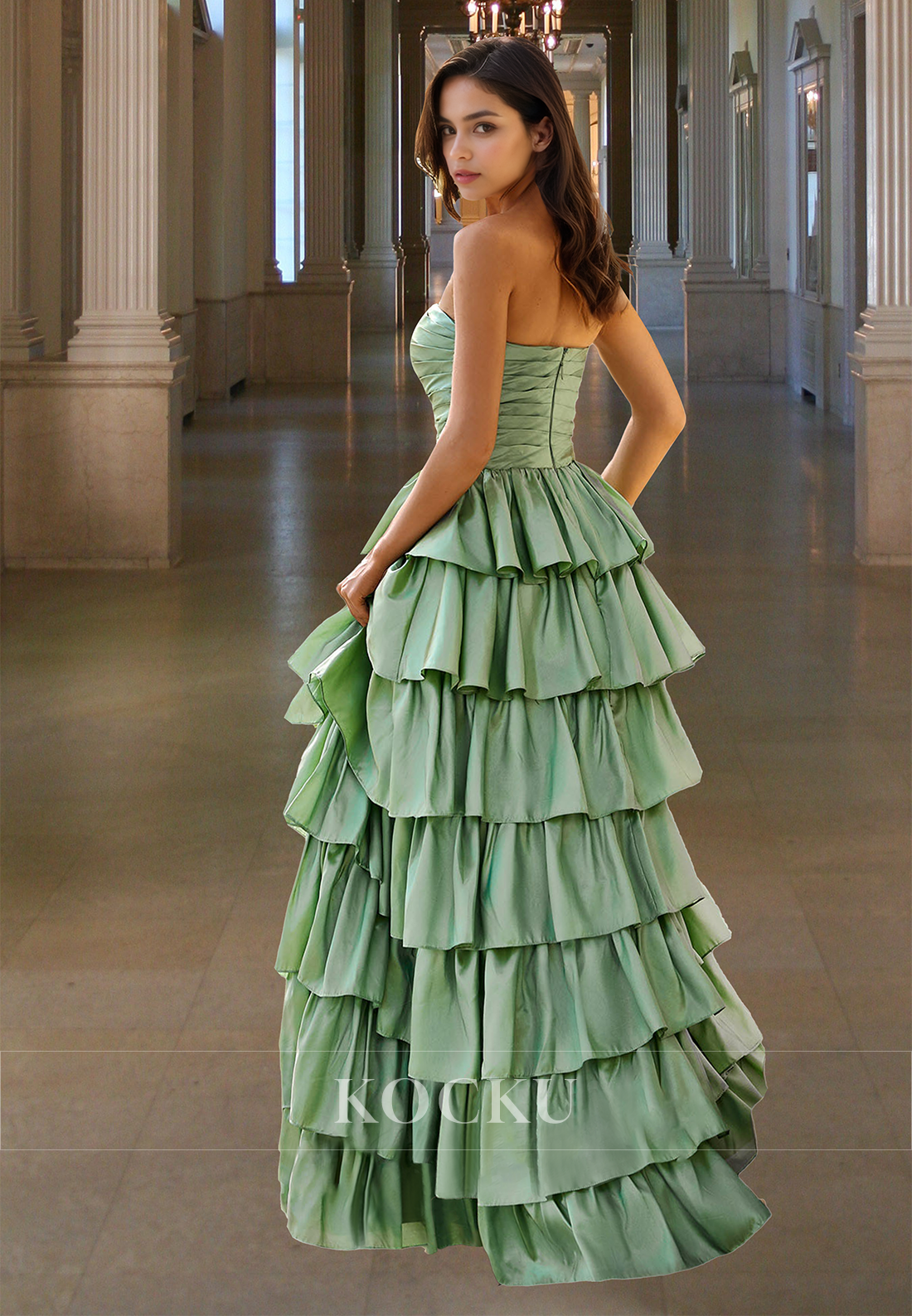 Tube Top A-Line Sleeveless Tiered Ball Gowns with Side Slit Long Satin Prom Party Dress
