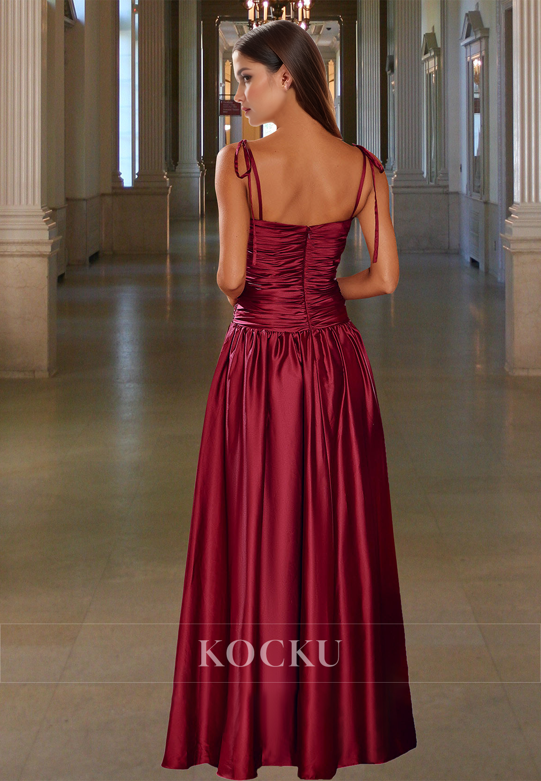 Elegant Spaghetti Straps Tube Top A-Line Ruched Satin Prom Dress with Bows Party Gowns