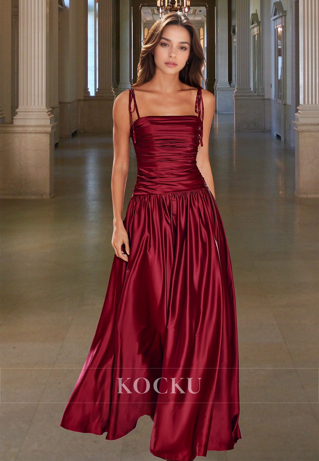 Elegant Spaghetti Straps Tube Top A-Line Ruched Satin Prom Dress with Bows Party Gowns