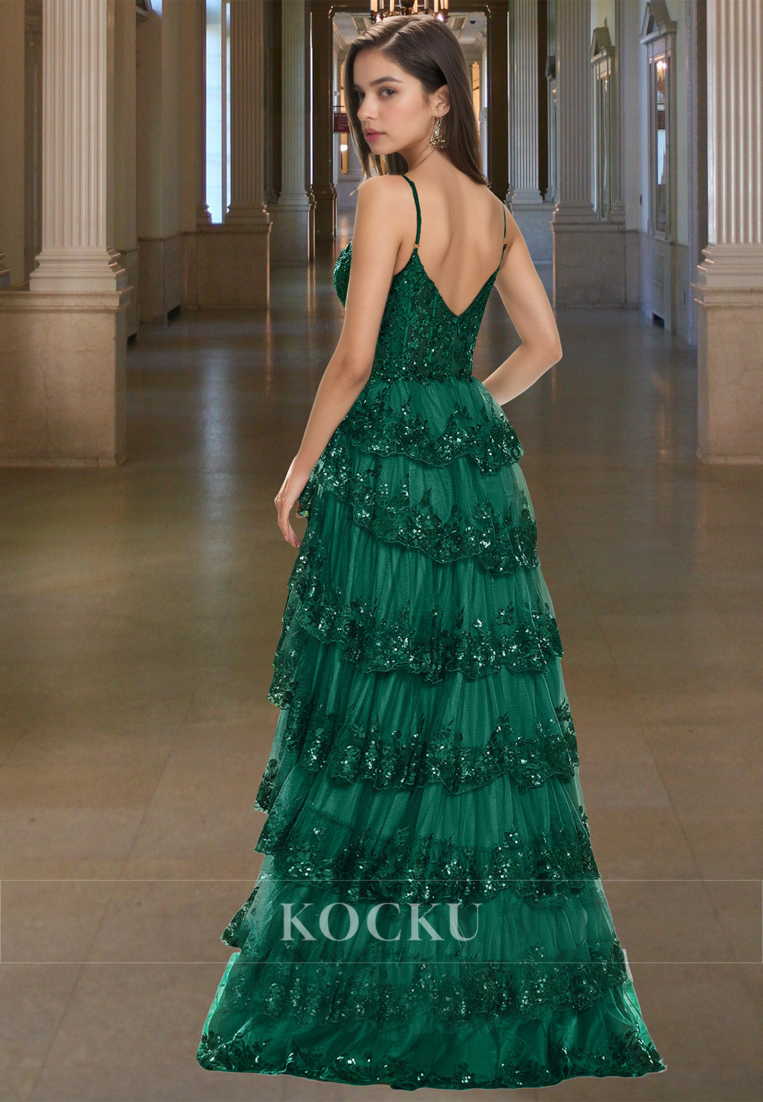 Spaghetti Straps A-Line Sweetheart Sparkly Appliques Tiered Lace Prom Dress Formal Gowns