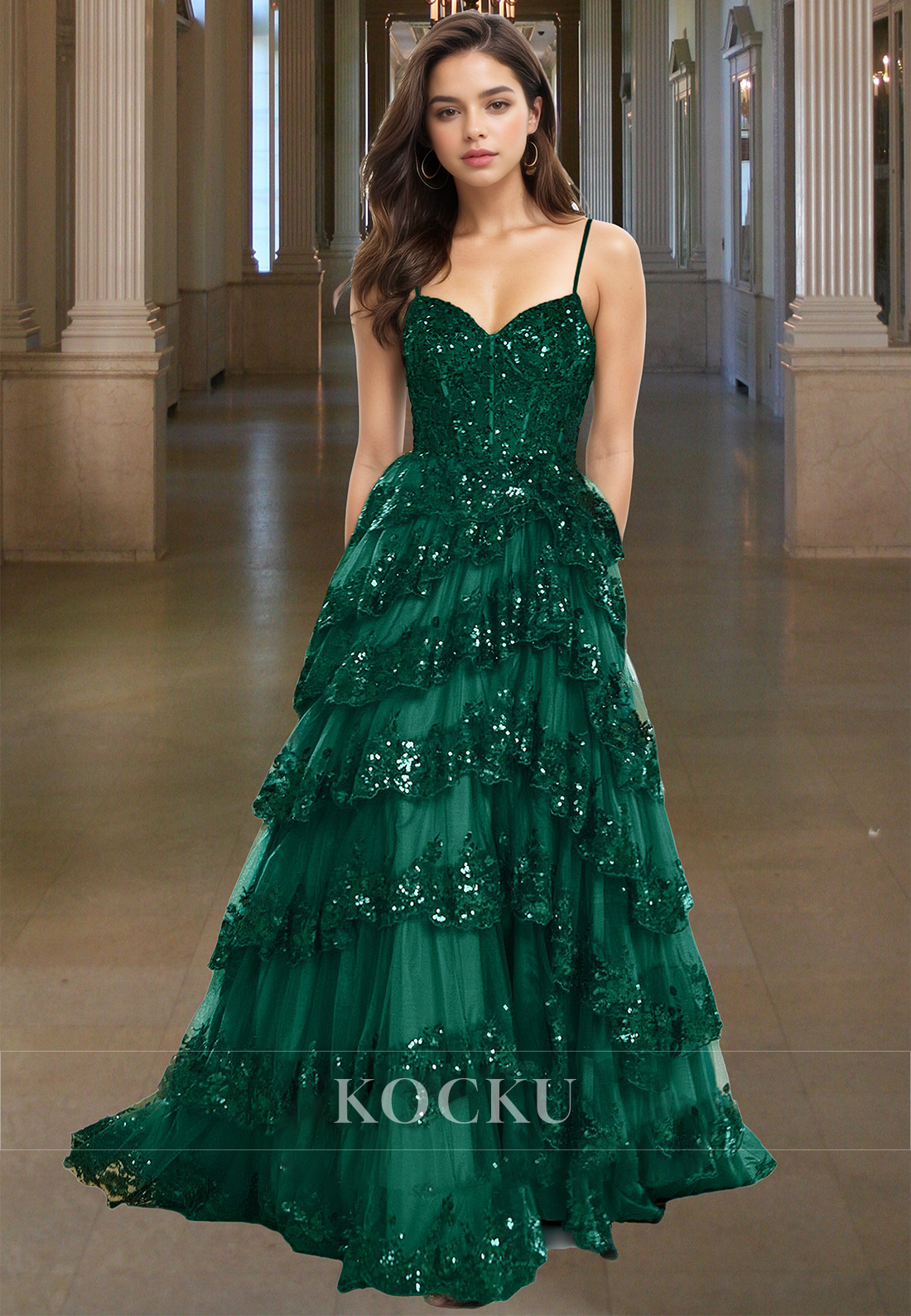 Spaghetti Straps A-Line Sweetheart Sparkly Appliques Tiered Lace Prom Dress Formal Gowns