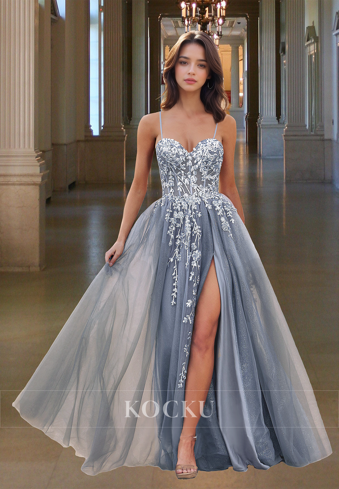 Elegant A-Line Sweetheart Straps Side Slit Pleats Glitter Knit Party Prom Dress with Appliques