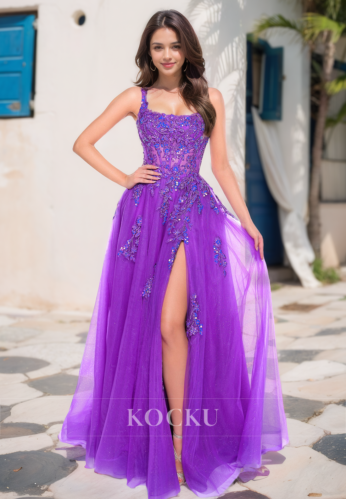 Charming Square A-Line High Slit Pleats Lace Prom Formal Evening Dress with Appliques
