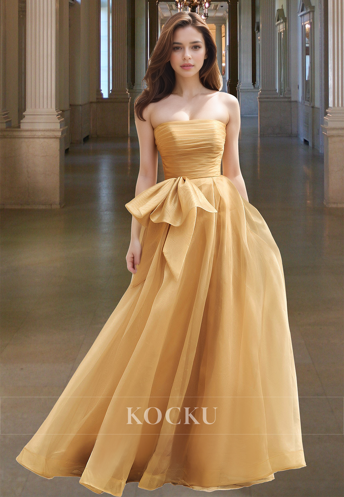 Elegant A-Line Tube Top Sleeveless Pleated Lace Long Prom Party Dress with Bows
