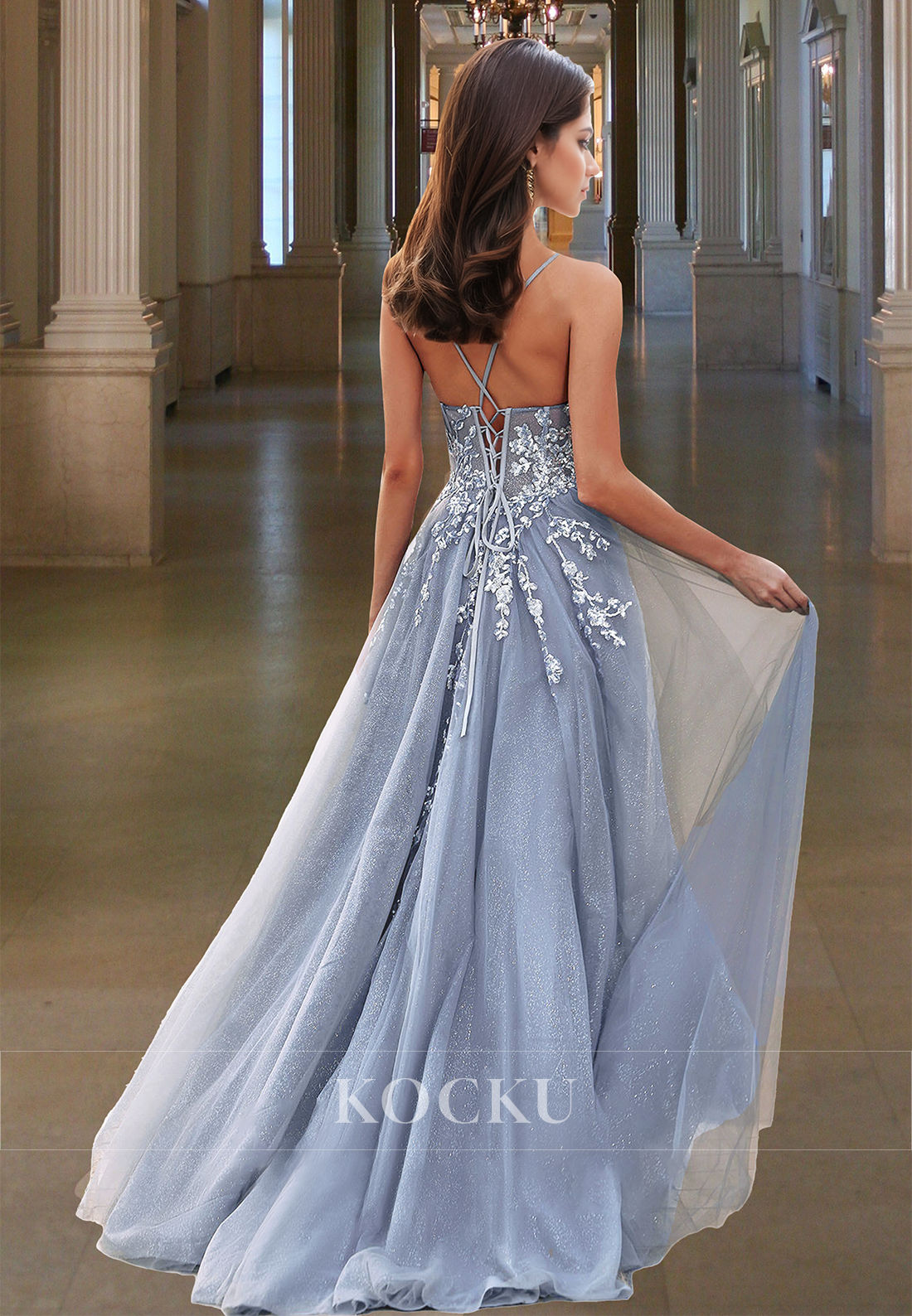 Elegant A-Line Sweetheart Straps Side Slit Pleats Glitter Knit Party Prom Dress with Appliques