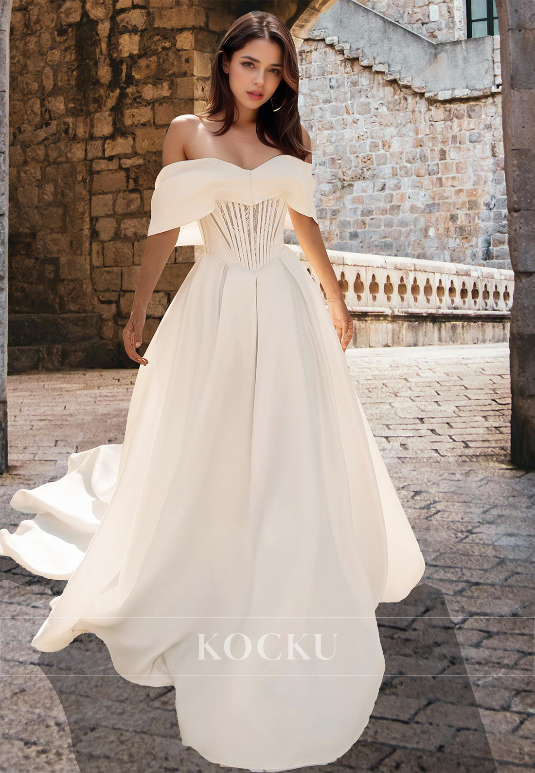 Classic A-Line Off Shoulder Sleeveless Stripe Satin Pleats Bridal Gowns Wedding Dress with Train