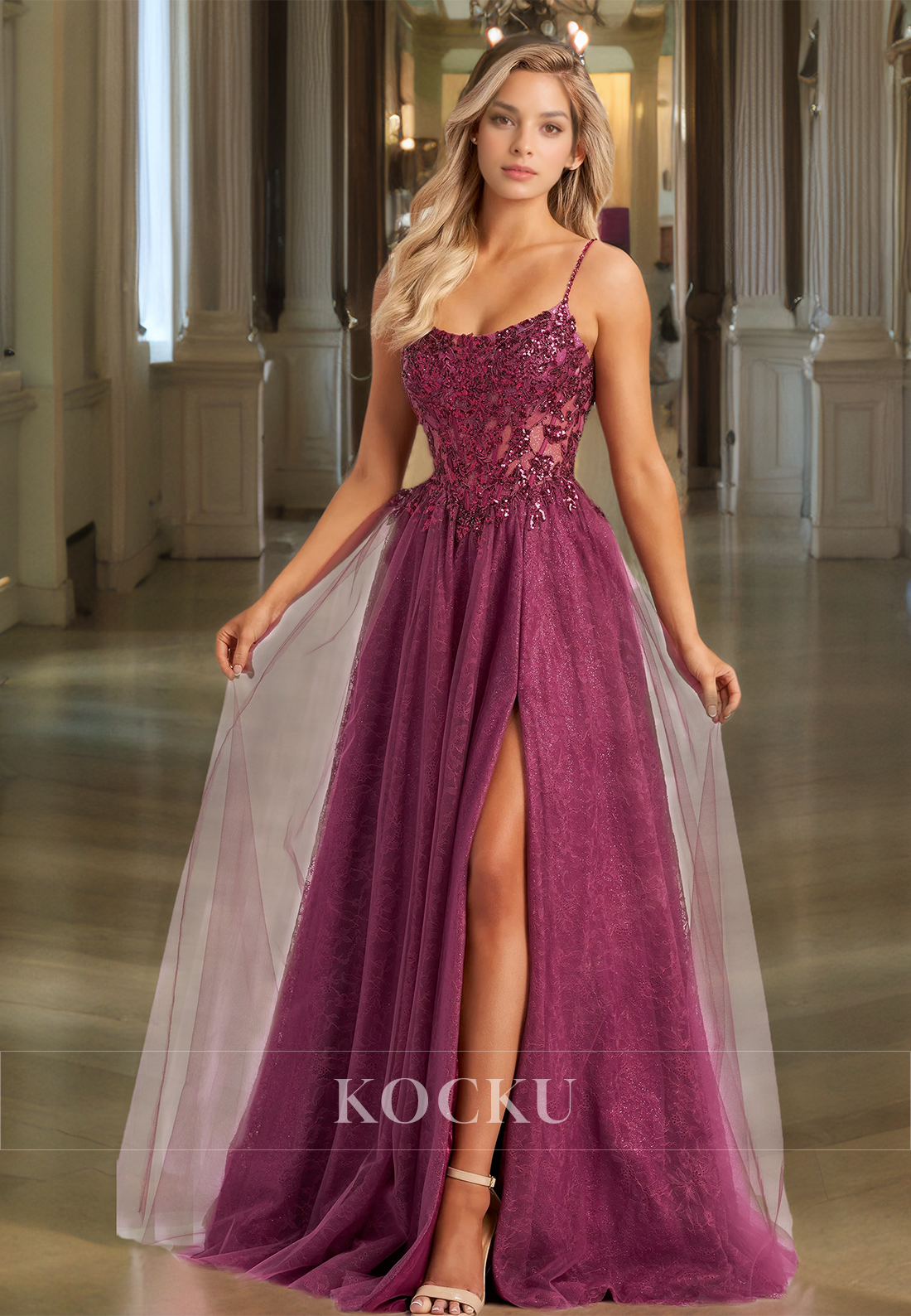 A-Line Tube Top Spaghetti Straps High Slit Sequin Appliques Lace Prom Dress with Train Formal Dress