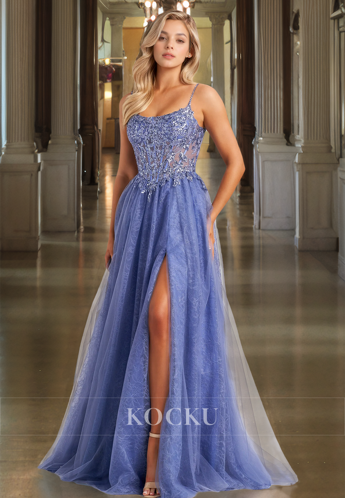 A-Line Tube Top Spaghetti Straps High Slit Sequin Appliques Lace Prom Dress with Train Formal Dress