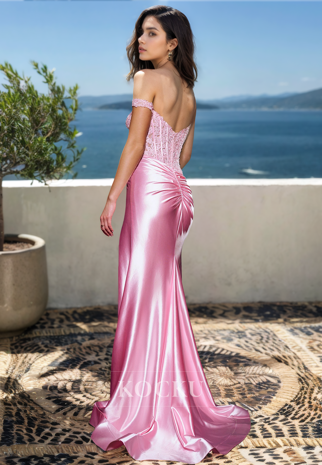Stunning Off-Shoulder Sweetheart High Slit  Sheath Applique Pleat Satin Prom Formal Gowns with Train
