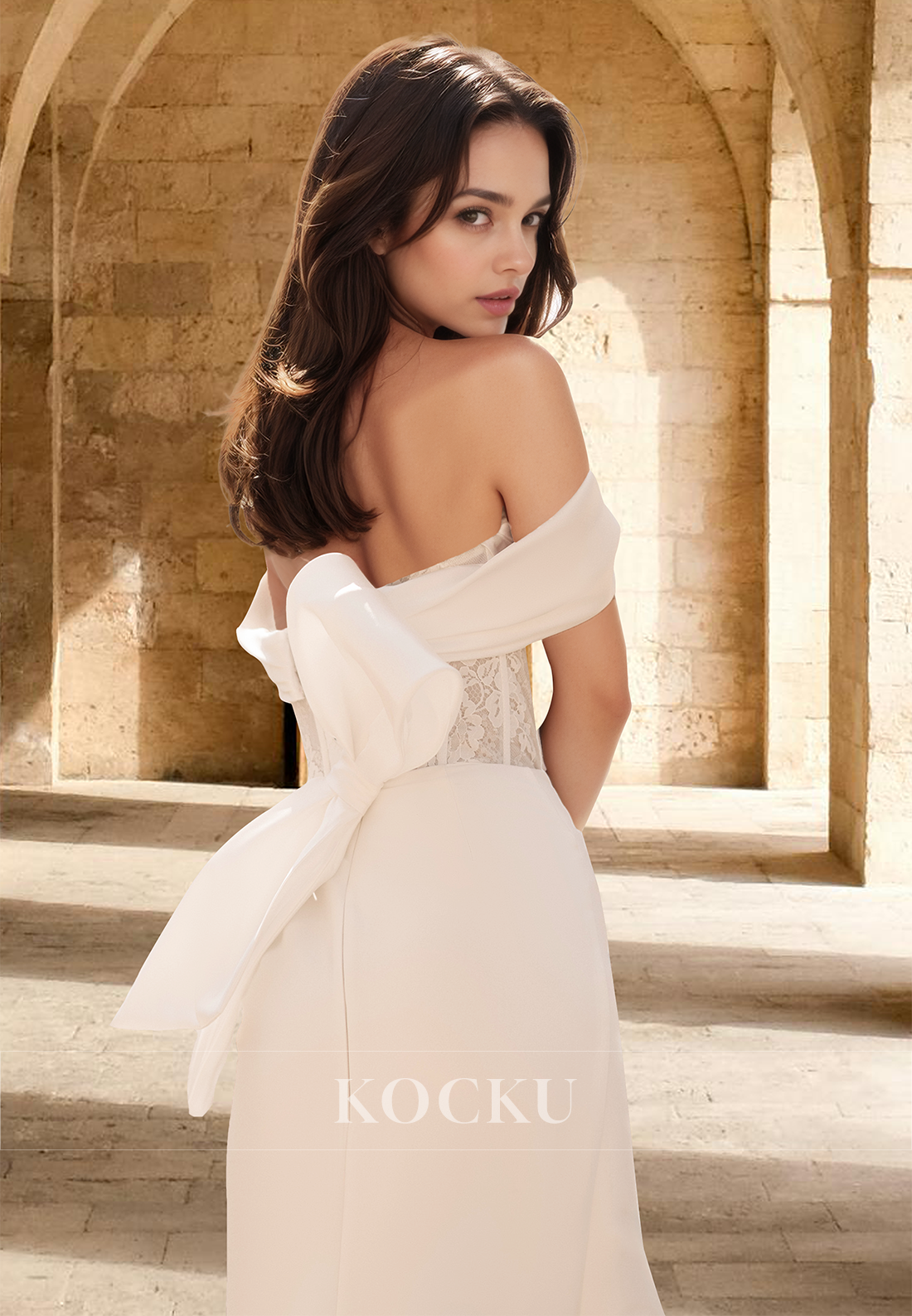 Sexy Sweetheart Sheath Wedding Dress Sleeveless Side Slit Bows Satin Bridal Gown with Appliques