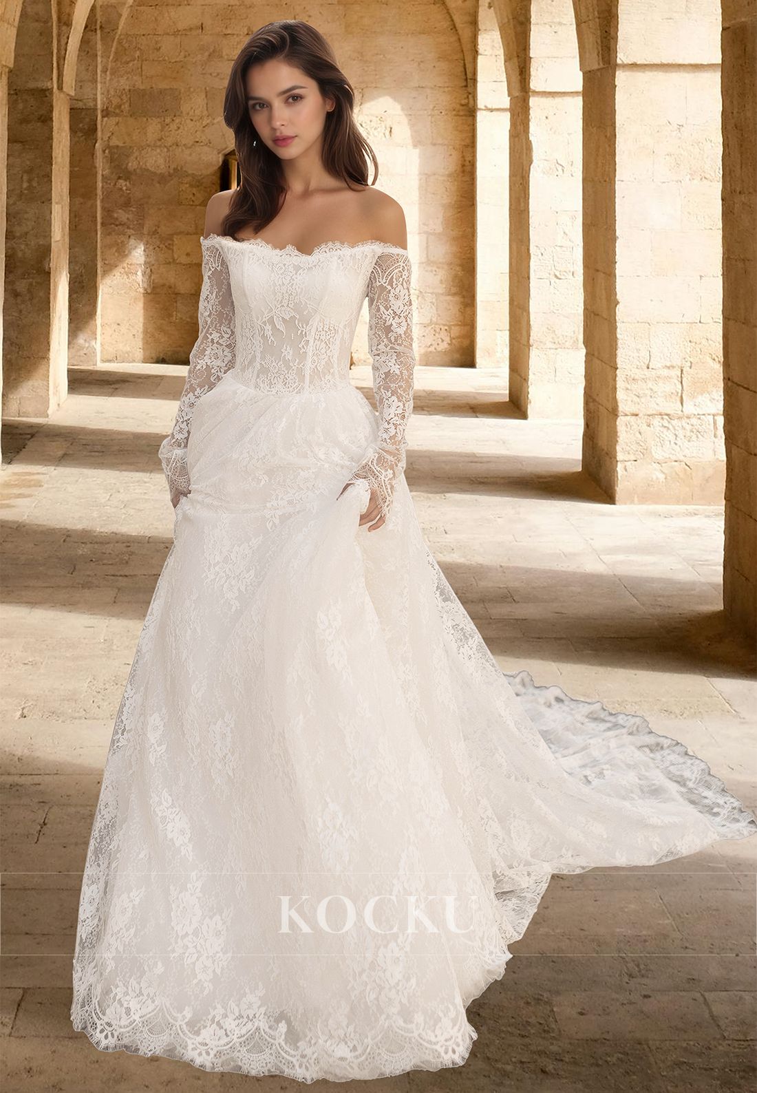Glamorous A-Line Tube Top Long Sleeves Appliques Lace Wedding Dress Boho Gowns with Train