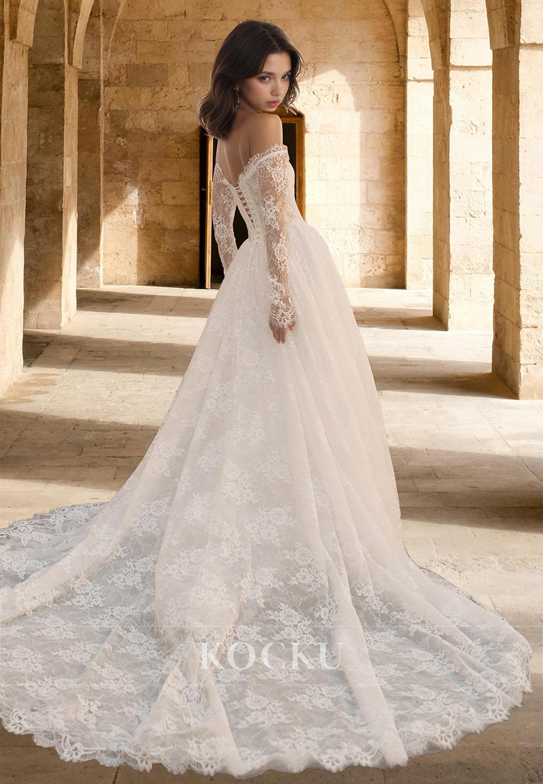 Glamorous A-Line Tube Top Long Sleeves Appliques Lace Wedding Dress Boho Gowns with Train