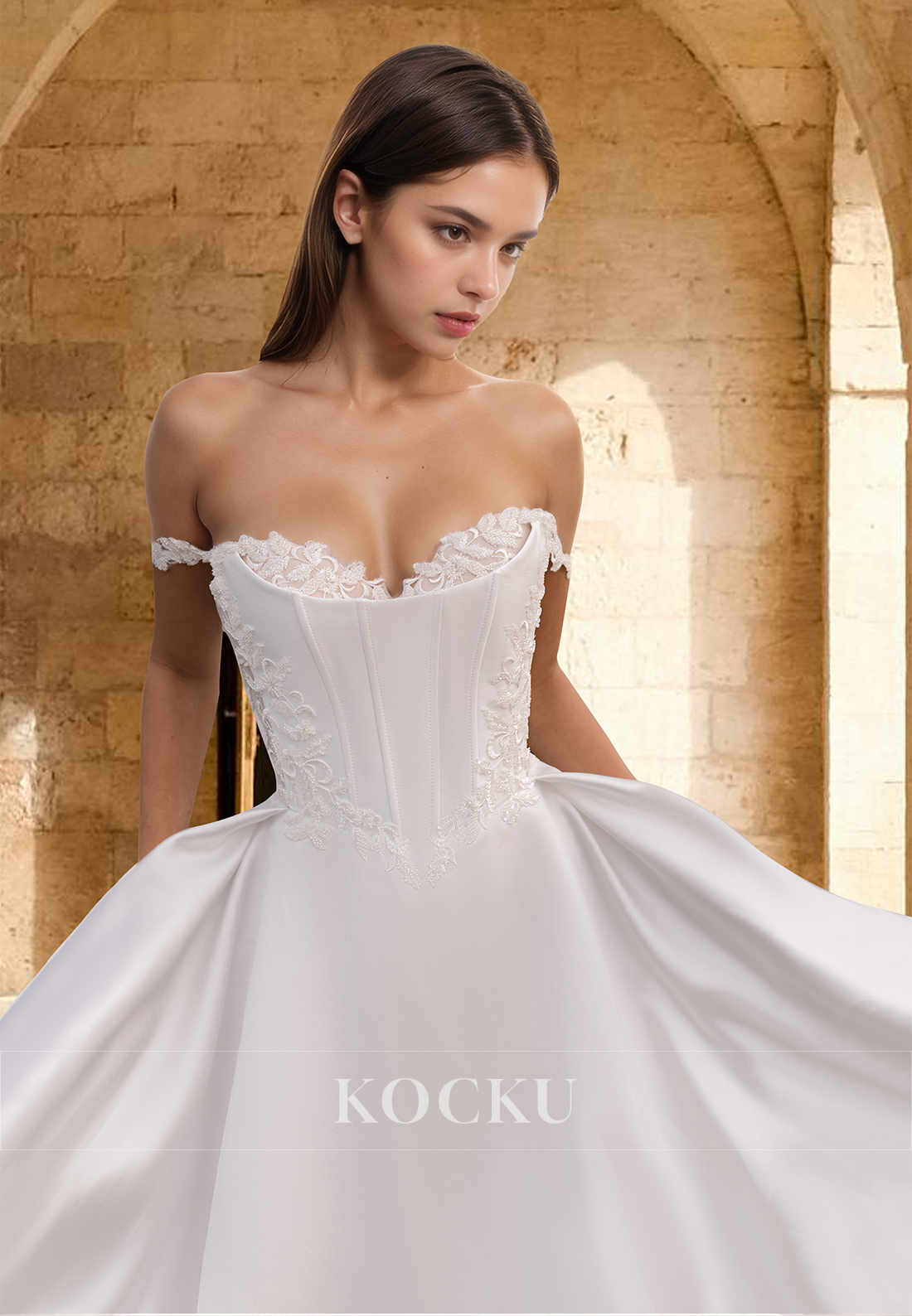 Elegant A-Line Sweetheart Sweep Train Pleats Satin Wedding Dress Bridal Gowns with Appliques