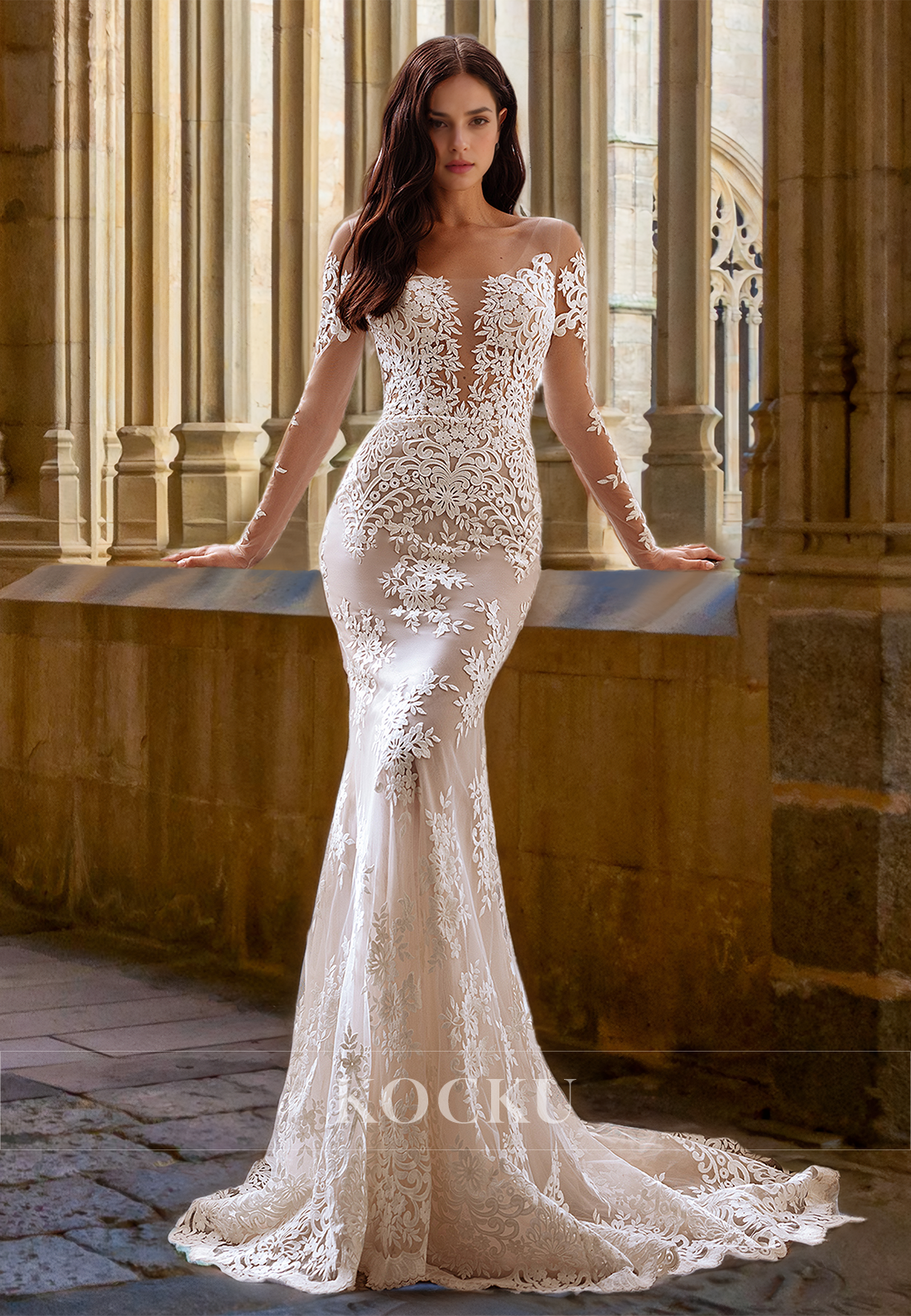 Bohemian Scoop Neck Long Sleeves Mermaid Appliques Lace Beach Wedding Gowns with Train