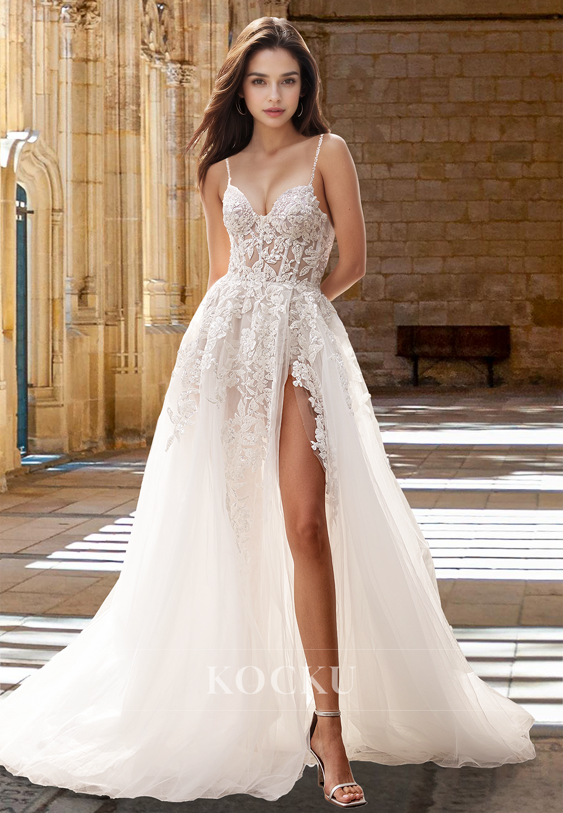 Beaded A-Line Sweetheart Straps Sequin Appliques Lace Wedding Dress with Slit Bridal Gowns