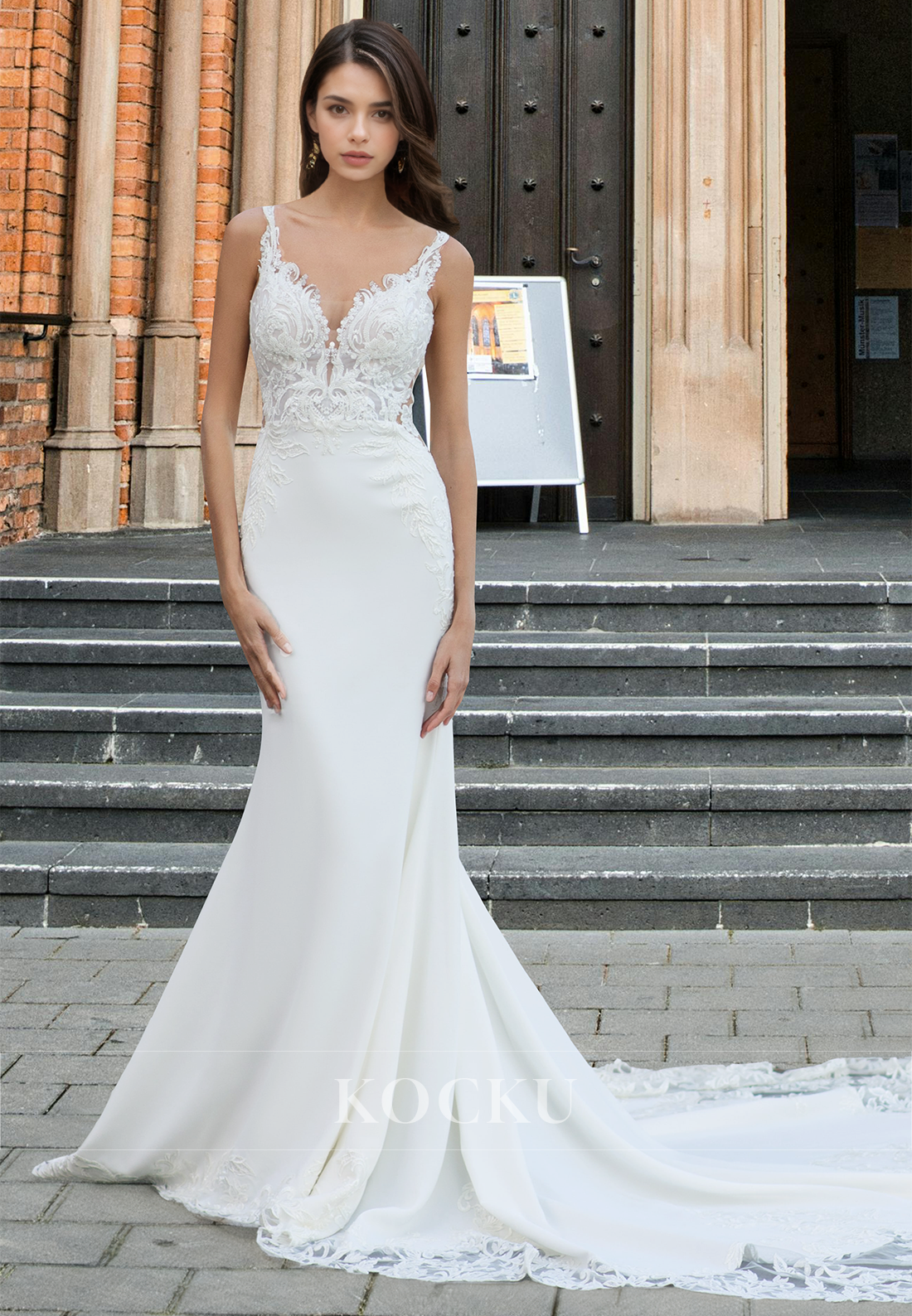 Classic V-Neck Mermaid Straps Appliques Satin Train Wedding Dress Bridal Gowns with Beads