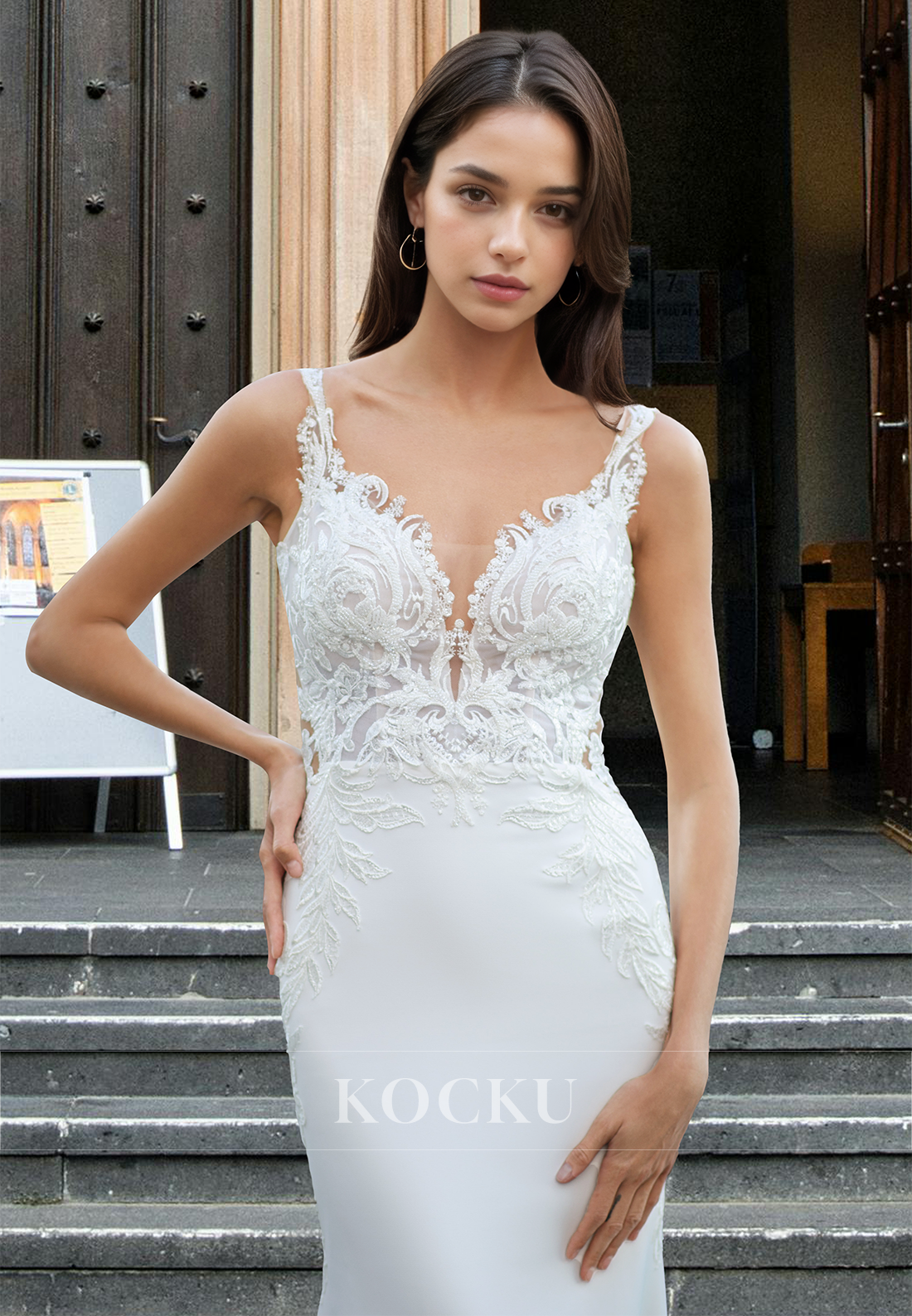 Classic V-Neck Mermaid Straps Appliques Satin Train Wedding Dress Bridal Gowns with Beads
