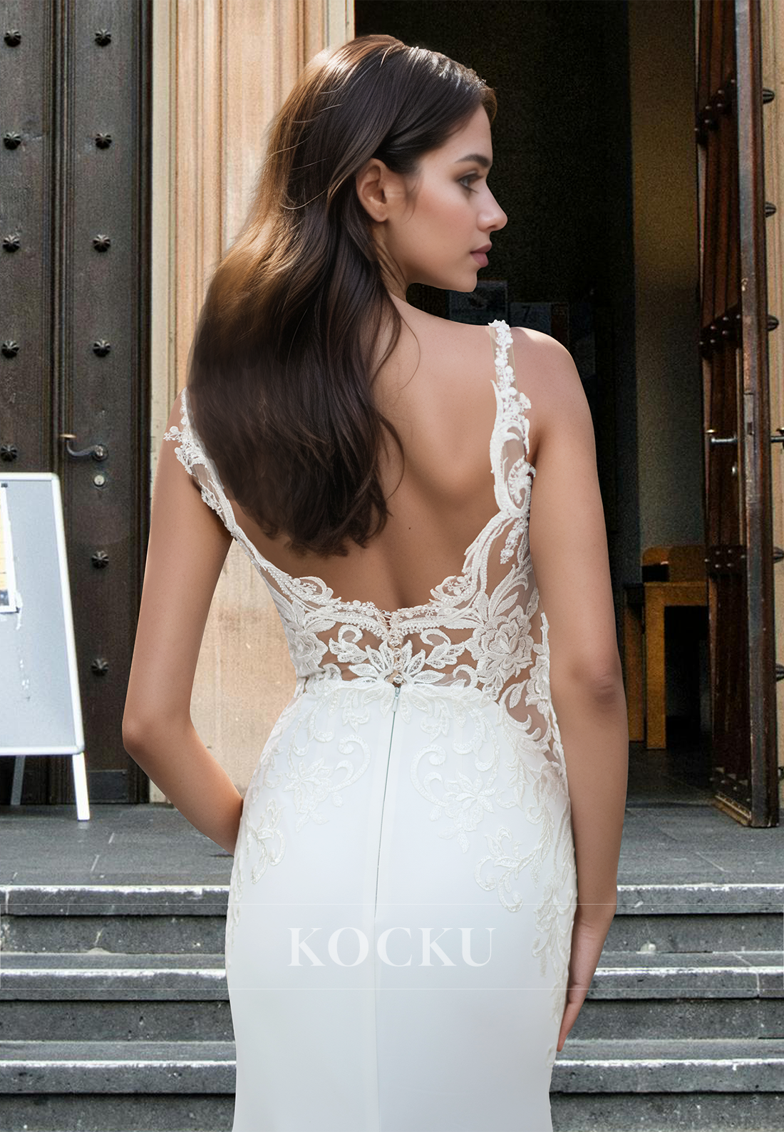 Classic V-Neck Mermaid Straps Appliques Satin Train Wedding Dress Bridal Gowns with Beads