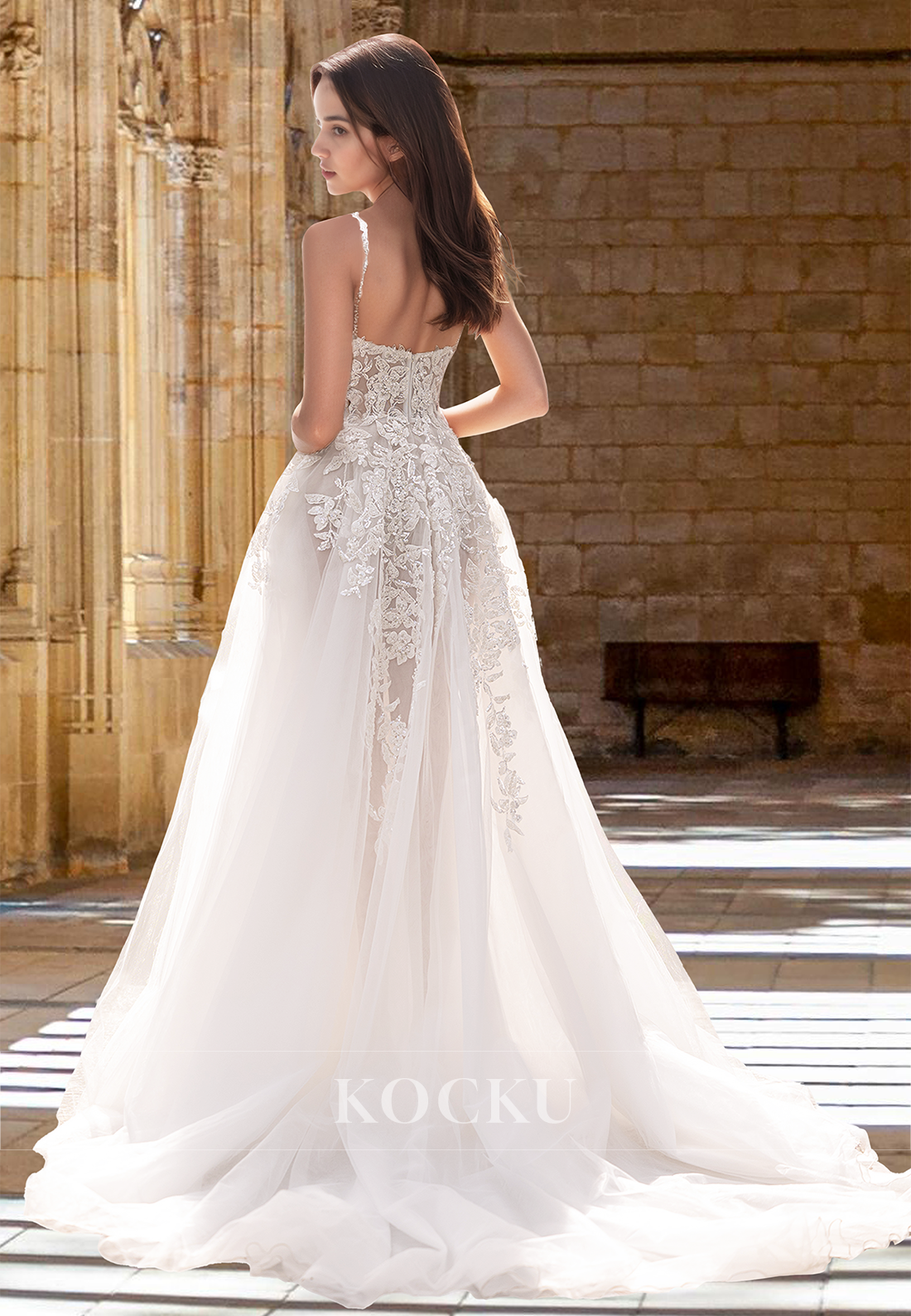 Beaded A-Line Sweetheart Straps Sequin Appliques Lace Wedding Dress with Slit Bridal Gowns