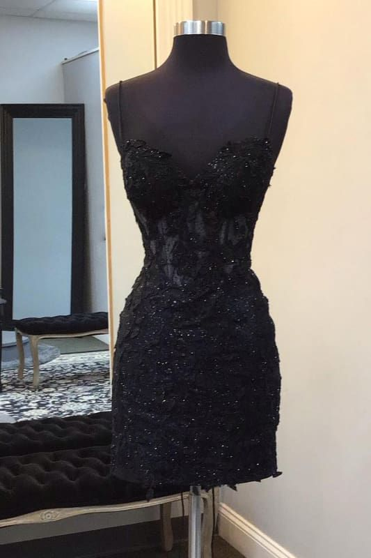 Pretty Black Spaghetti Straps Lace Applique Sheath Short Party Dress Formal Graduation Homecoming Dress S986