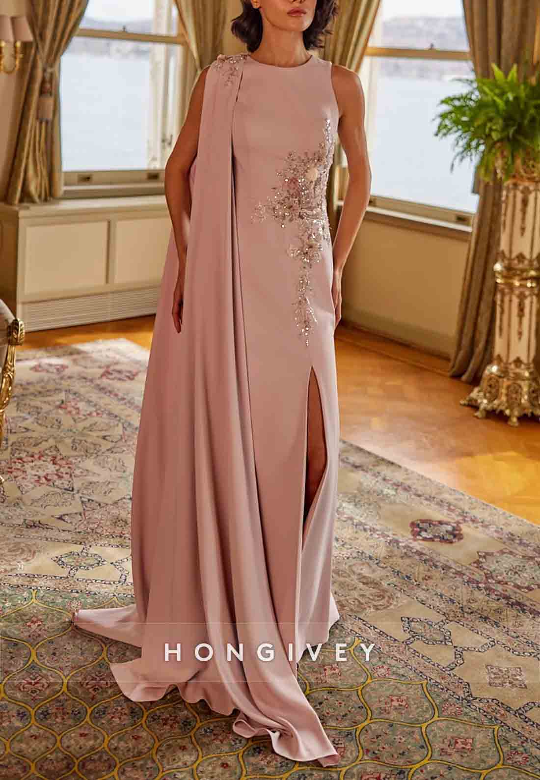 Appliques Flowes Sleeveless Scoop High Slit Side Draping Evening Gowns