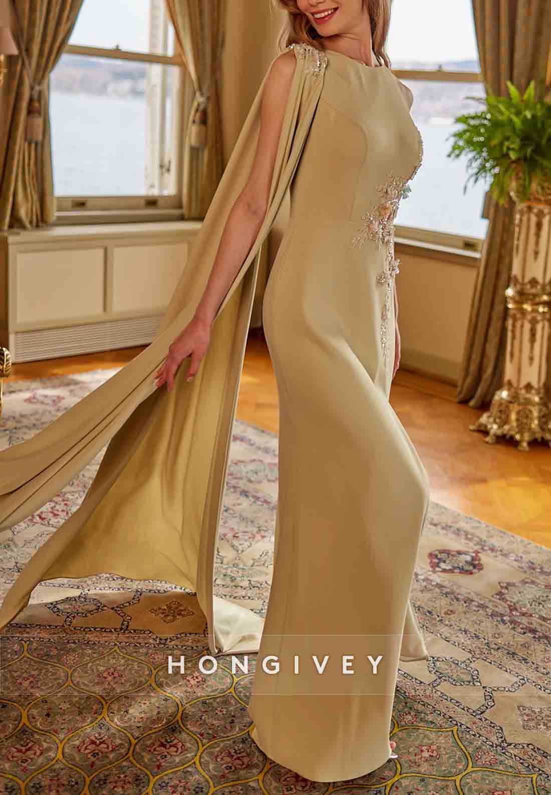 Appliques Flowes Sleeveless Scoop High Slit Side Draping Evening Gowns