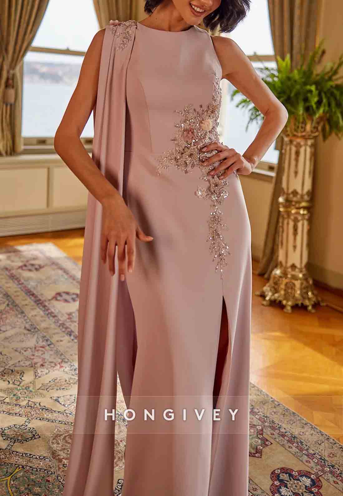 Appliques Flowes Sleeveless Scoop High Slit Side Draping Evening Gowns