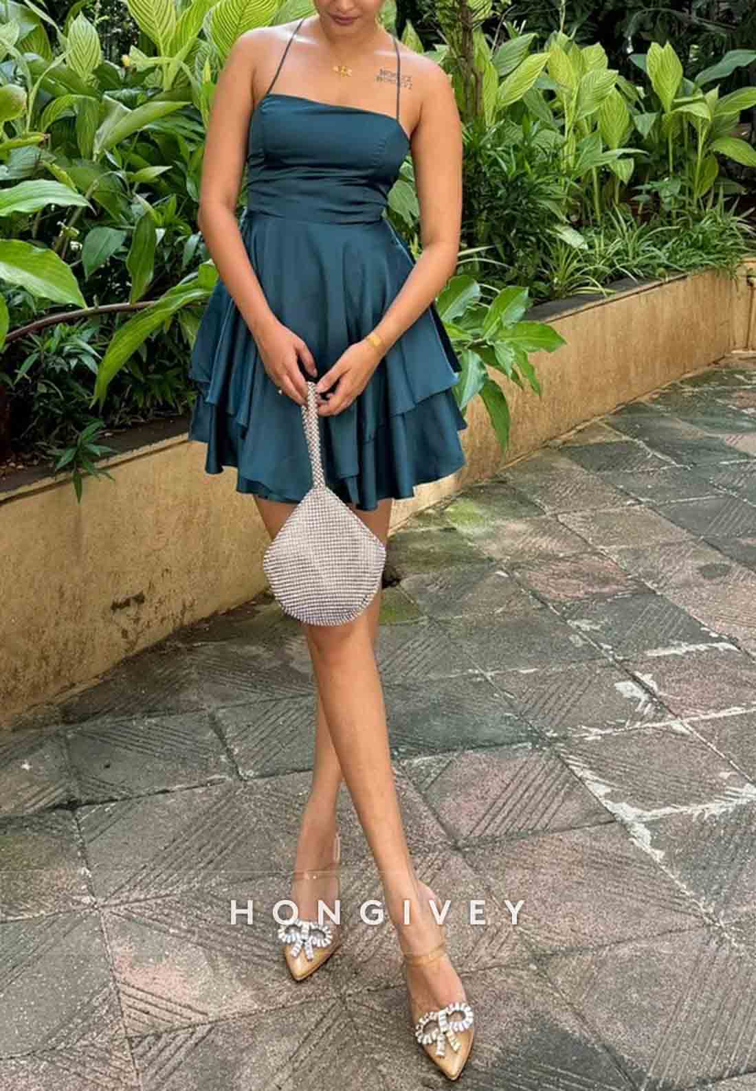 A-Line Halter Sleeveless Simple Pleated Crisscross Back Holiday Short Homecoming Dresses