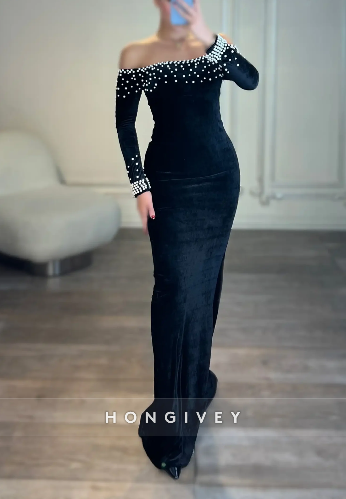 Appliqued Sweep Train Off the Shoulder Satin Long Sleeve  Evening Gown