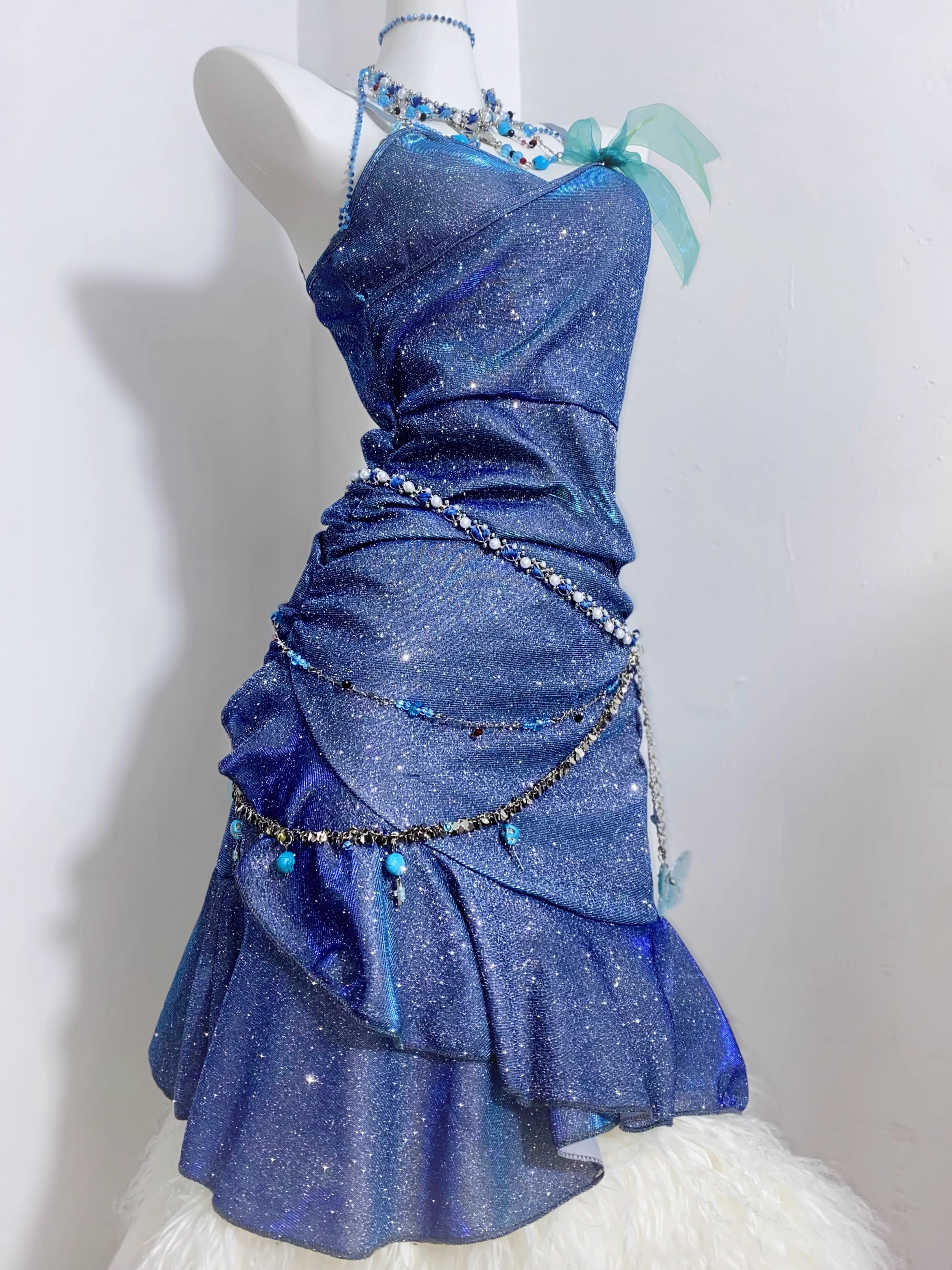 Glitter Spaghetti Straps Navy  Blue Ruffles Short Homecoming Dress Birthday Outfits  S607