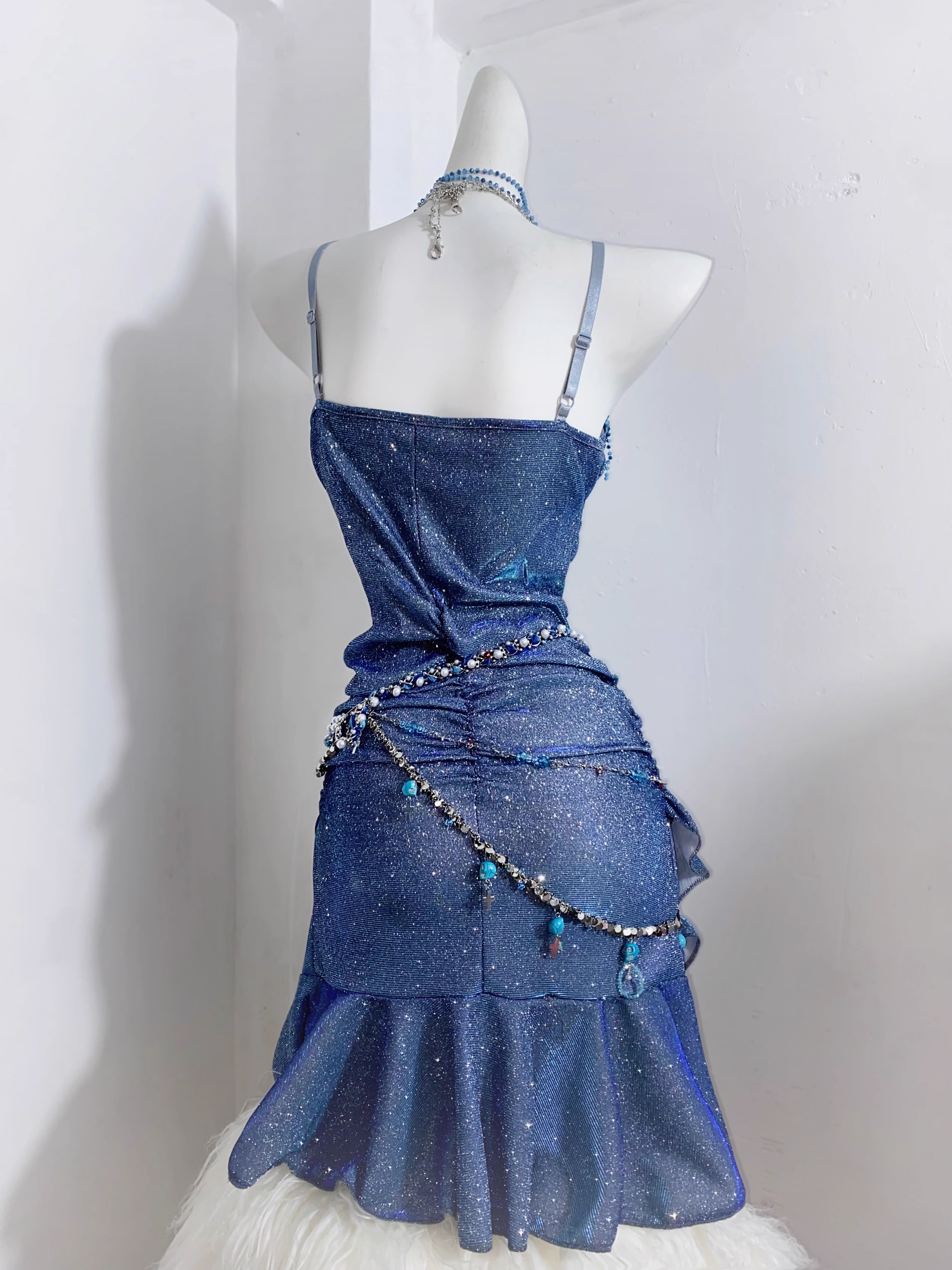Glitter Spaghetti Straps Navy  Blue Ruffles Short Homecoming Dress Birthday Outfits  S607