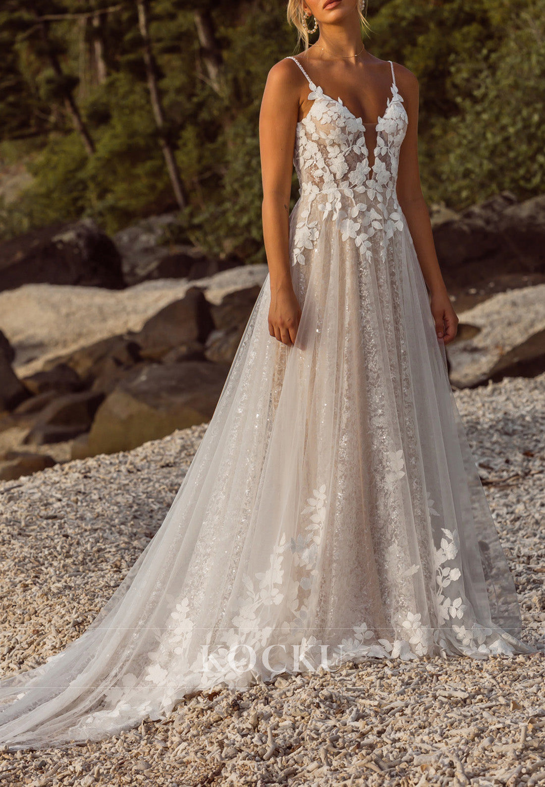 Spaghetti Strap Deep V-Neck Backless Tulle Wedding Dress with Floral Appliqués & Train