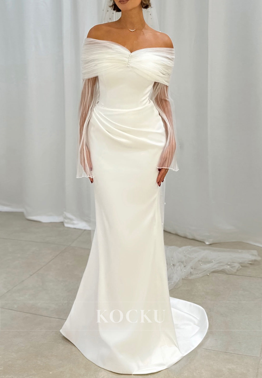White Off-Shoulder Ruched Sheath Wedding Gown with pearls and Detachable Sleeves