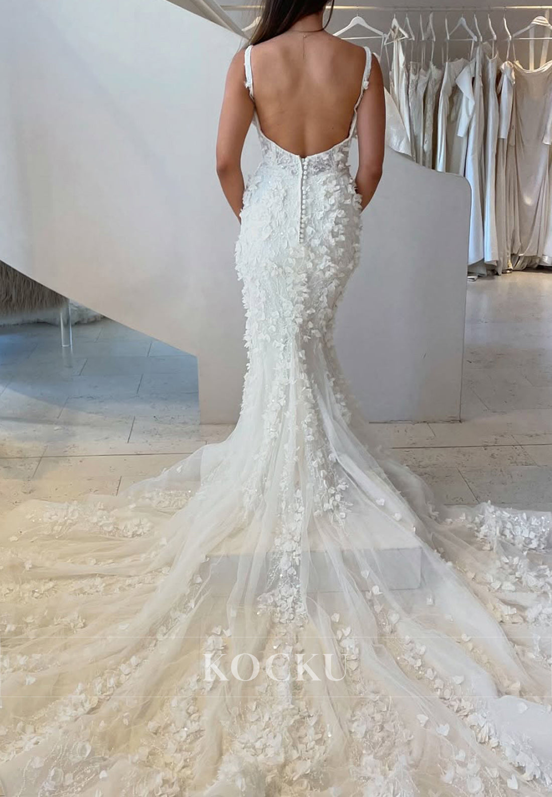 White 3D Floral Lace Open Back Buttons Mermaid Long Wedding Dress